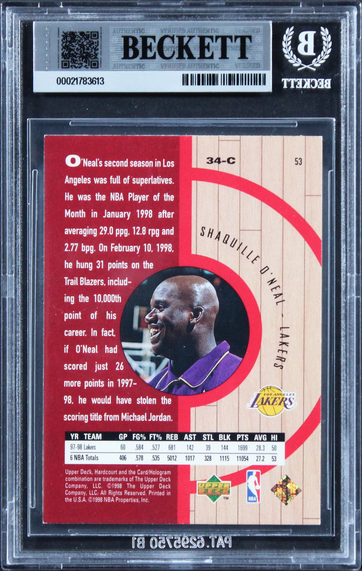 Shaquille O'Neal Signed 1998 Upper Deck Hardcourt #53 Card Auto 10! BAS Slabbed