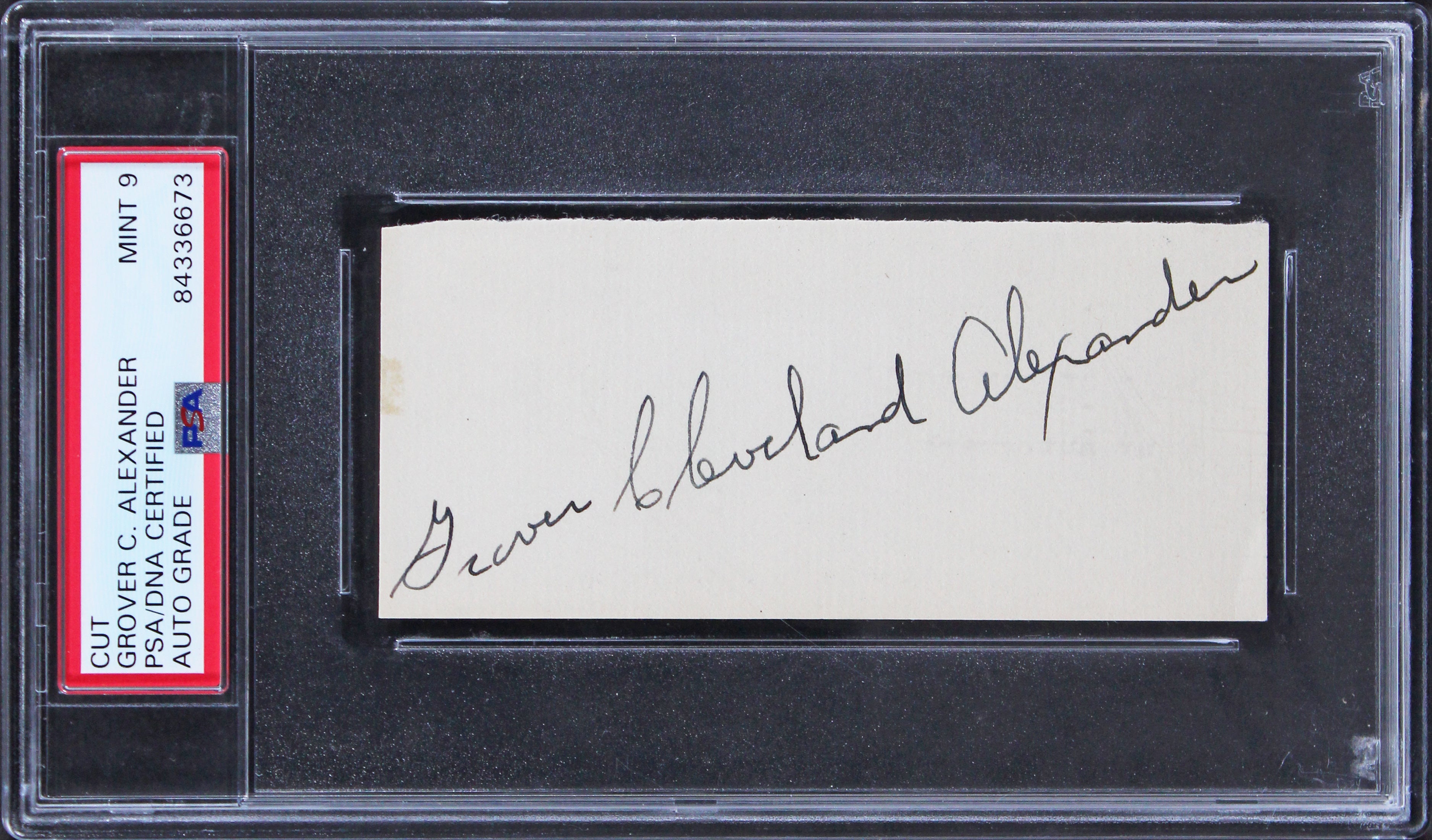 Athletics Grover Cleveland Alexander Signed 2x4.5 Cut Signature Auto 9! PSA Slab