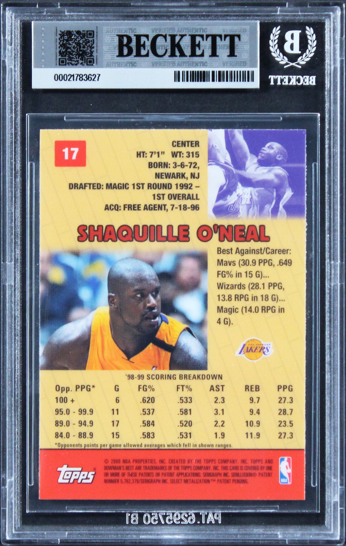 Lakers Shaquille O'Neal Signed 1999 Bowman's Best #17 Card Auto 10! BAS Slabbed