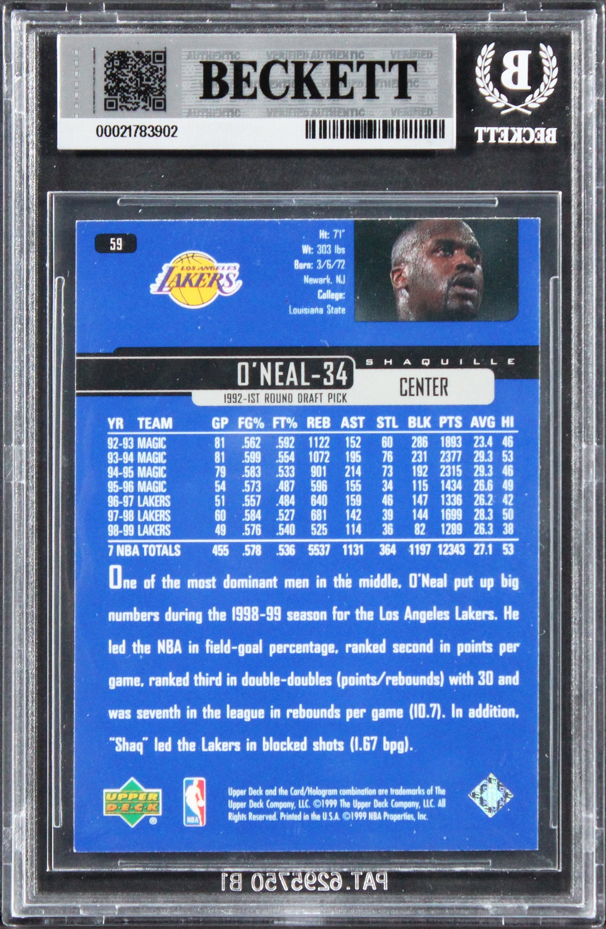 Lakers Shaquille O'Neal Signed 1999 Upper Deck #59 Card Auto GM 10! BAS Slabbed