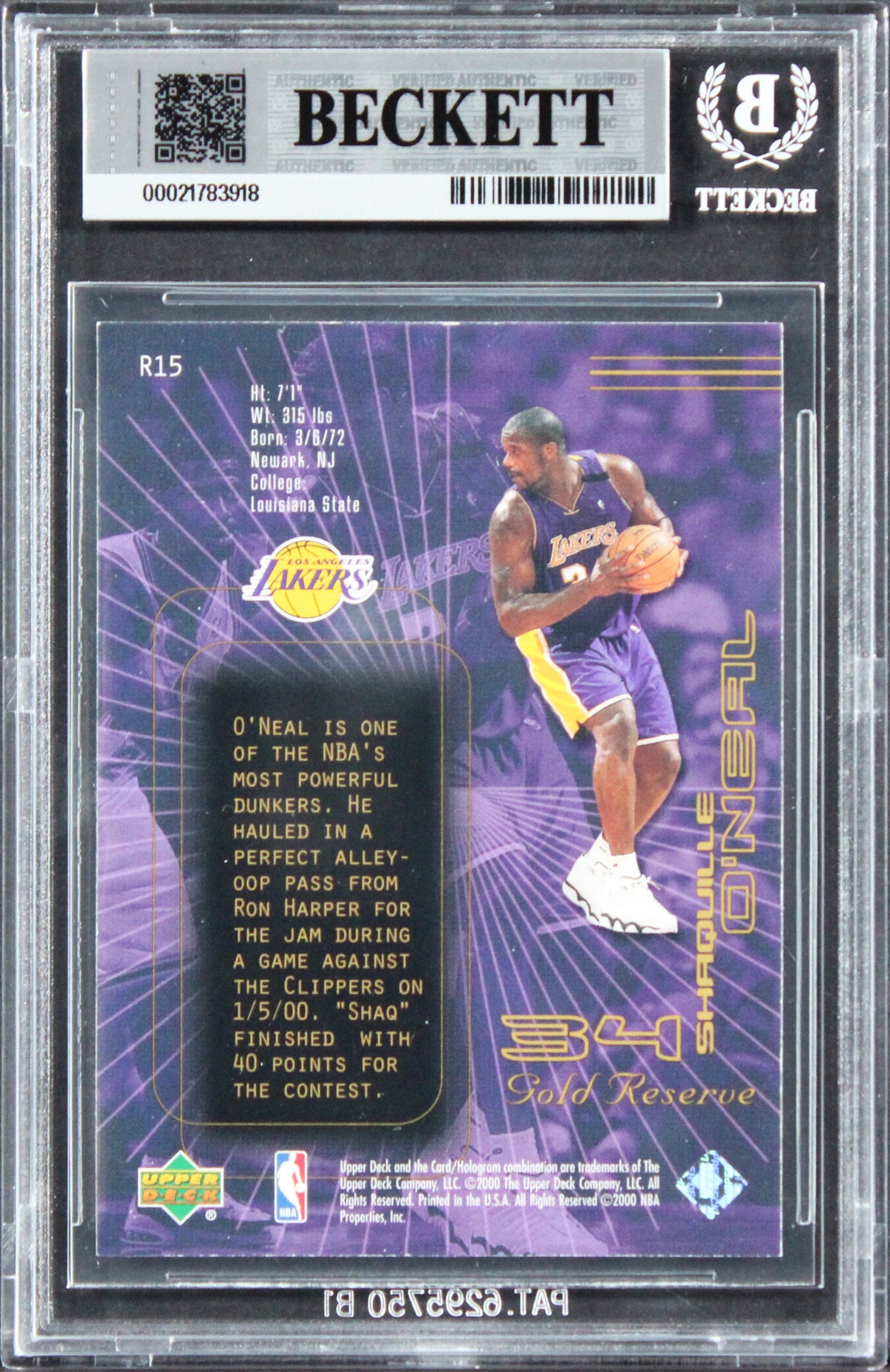 Shaquille O'Neal Signed 1999 UD Gold Reserve #R15 Card Auto GM 10! BAS Slabbed