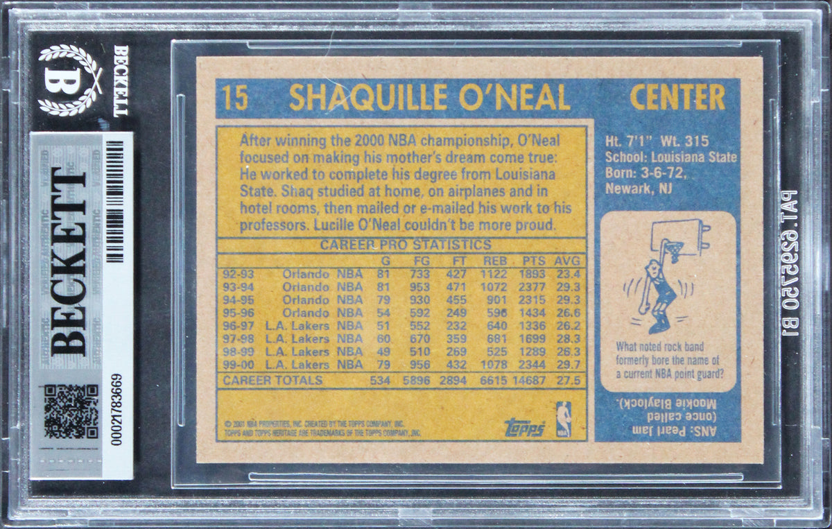 Lakers Shaquille O'Neal Signed 2000 Topps Heritage #15 Card Auto 10! BAS Slabbed