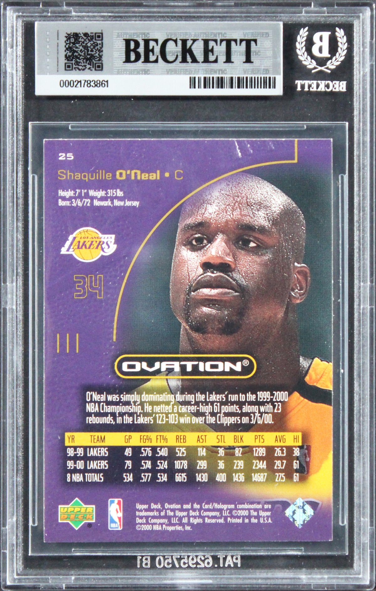 Shaquille O'Neal Signed 2000 Upper Deck Ovation #25 Card Auto GM 10! BAS Slabbed