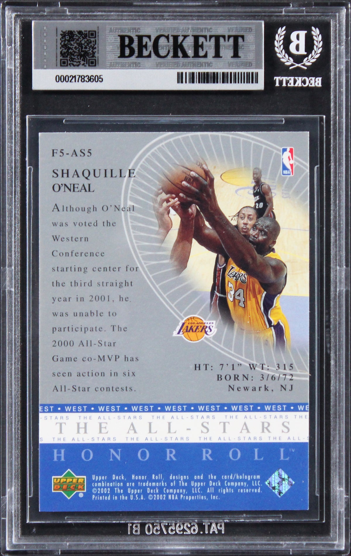 Shaquille O'Neal Signed 2001 Upper Deck Honor Roll #5 Card Auto 10! BAS Slabbed