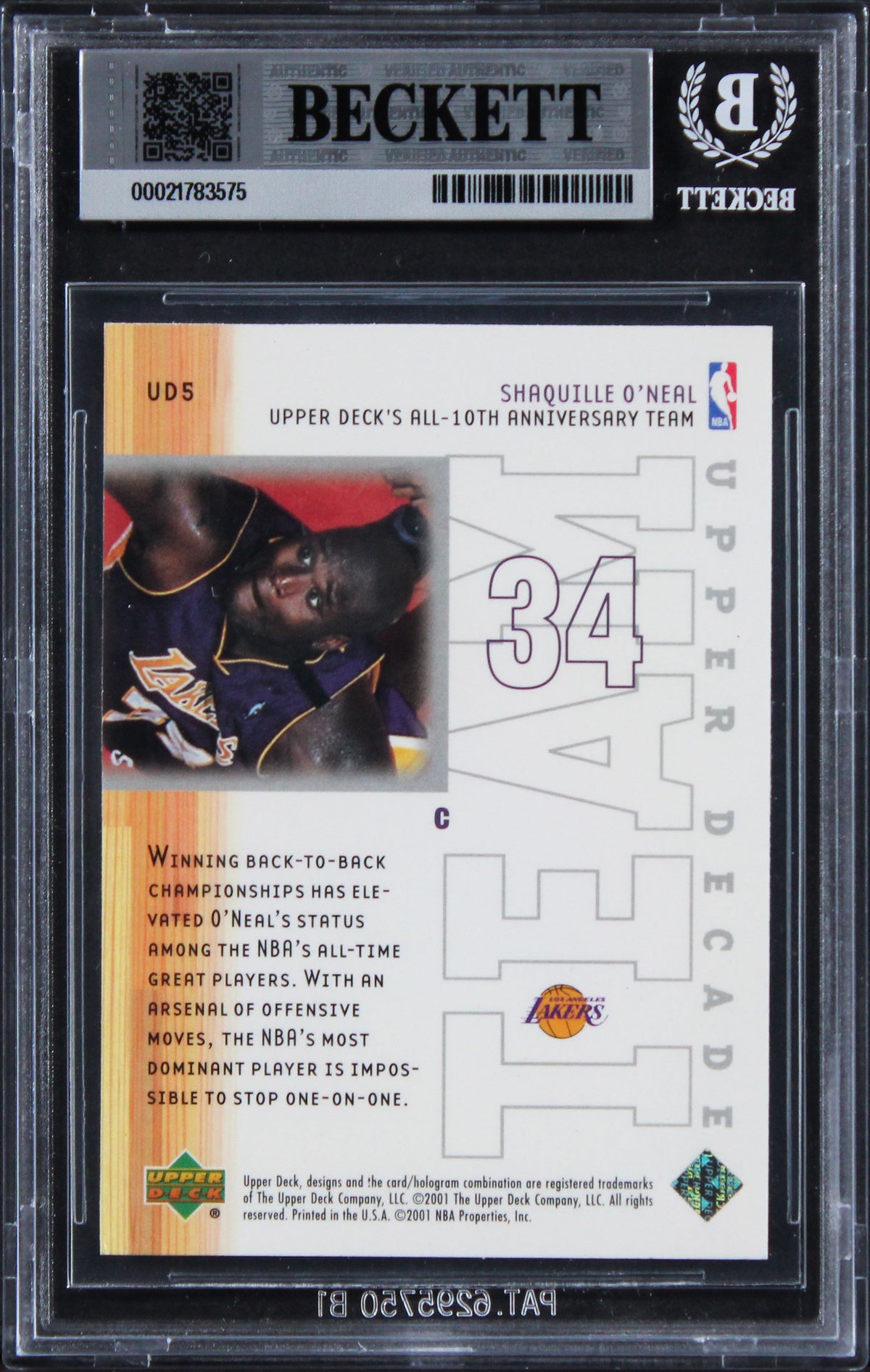 Shaquille O'Neal Signed 2001 Upper Deck Decade Team #UD5 Card Auto 10! BAS Slab
