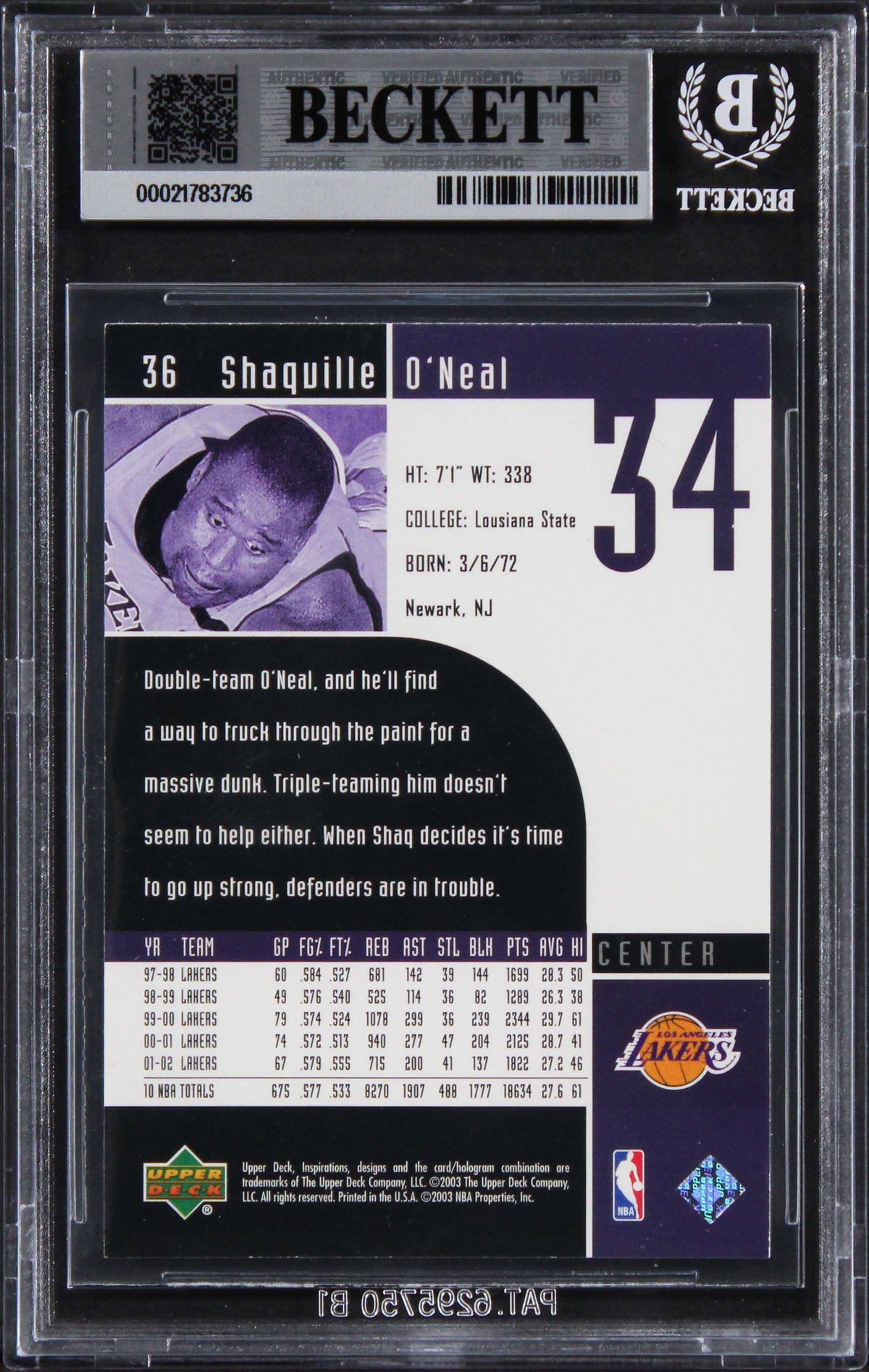Shaquille O'Neal Signed 2002 Upper Deck Inspirations #36 Card Auto 10! BAS Slab