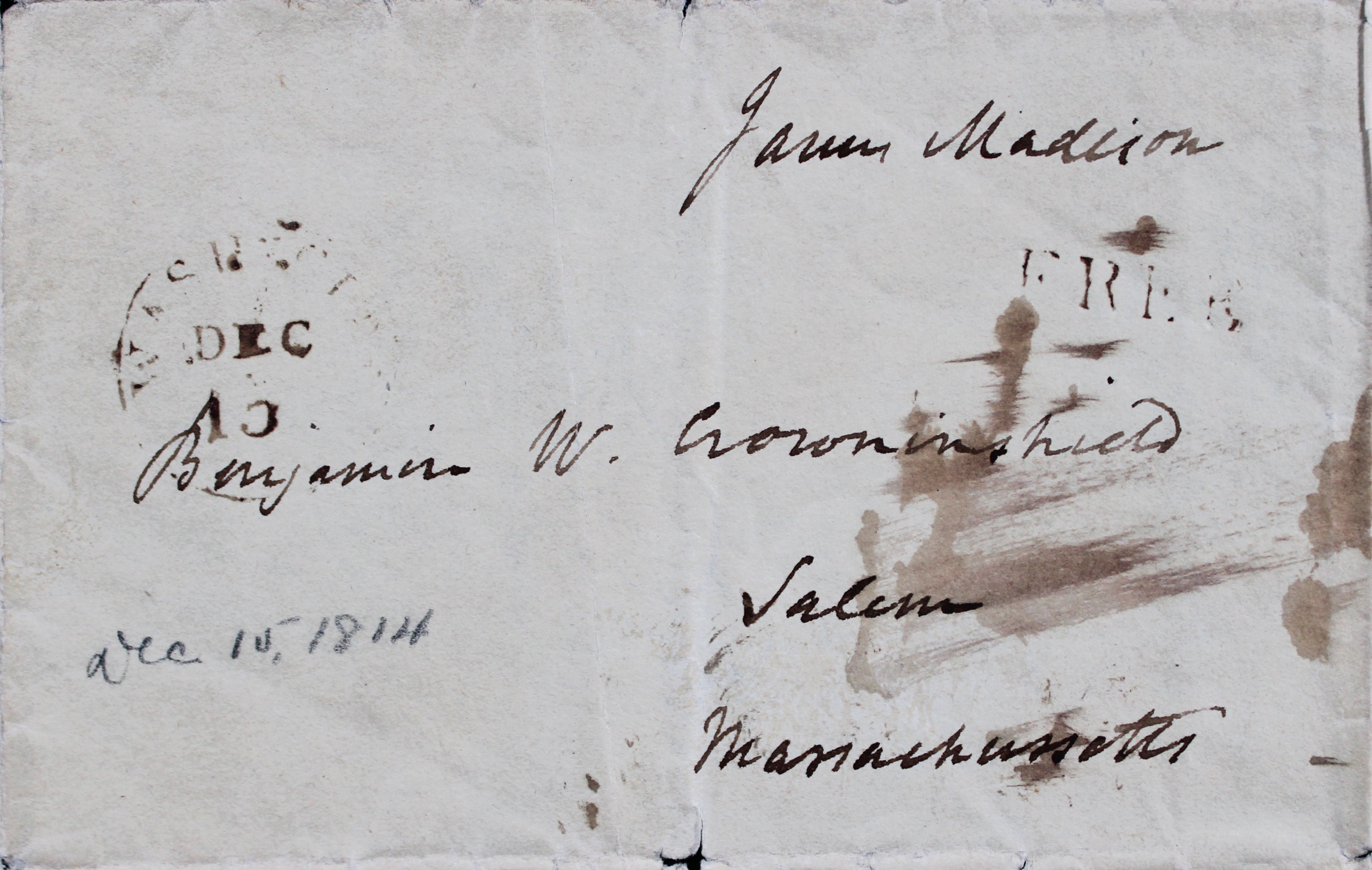 James Madison Signed 7.75x9.75 1814 Handwritten Free Frank BAS #AE13626