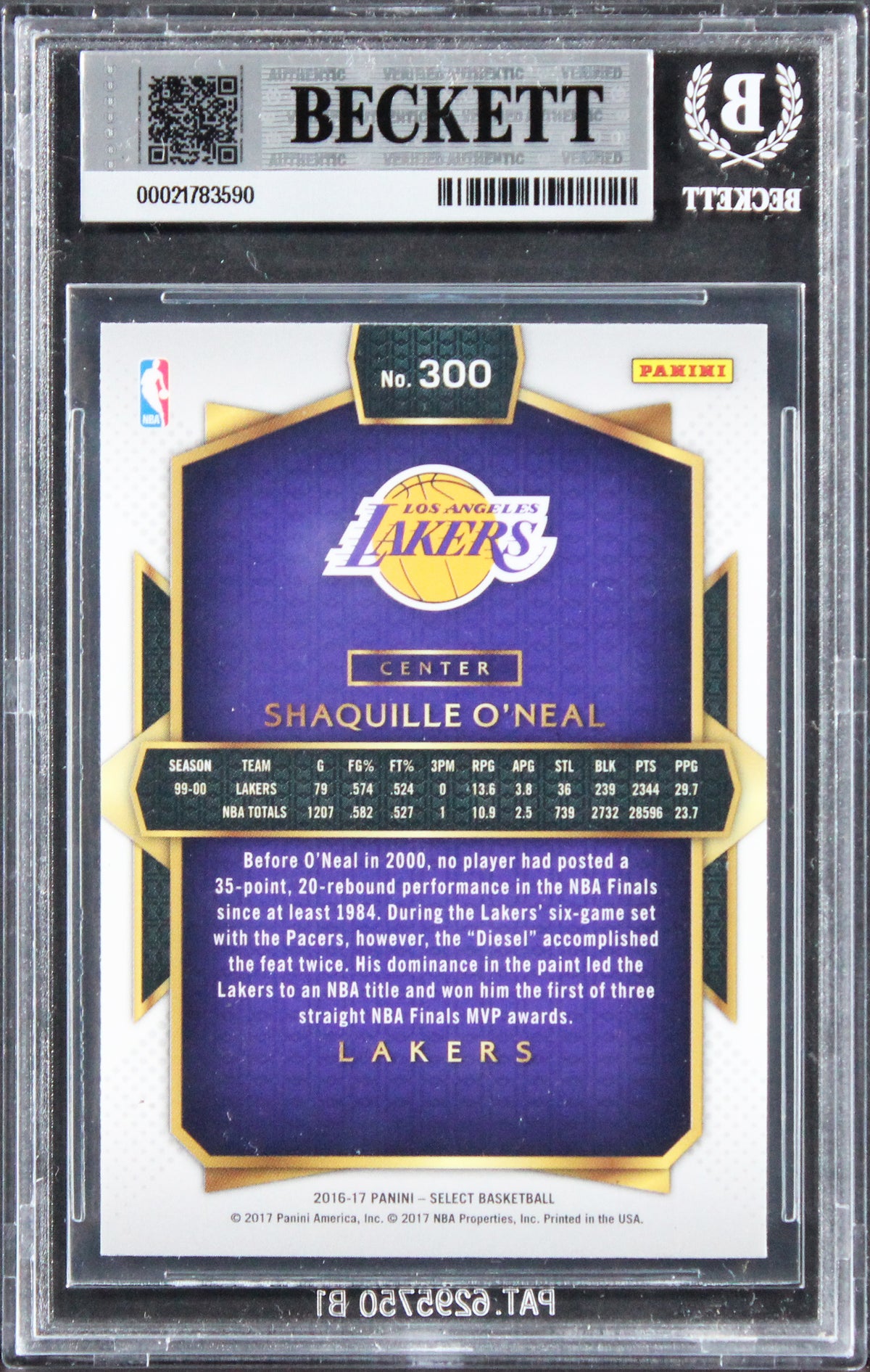 Lakers Shaquille O'Neal Signed 2016 Select #300 Card Auto Grade 10! BAS Slabbed
