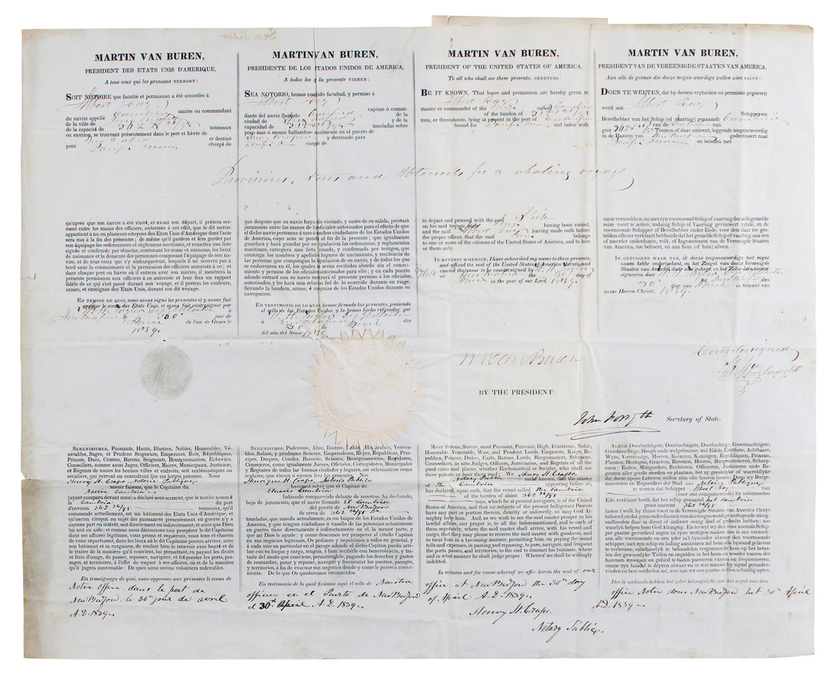 Martin Van Buren Signed 16.25x20.25 1839 Whaling Vessel's Ship's Passport BAS