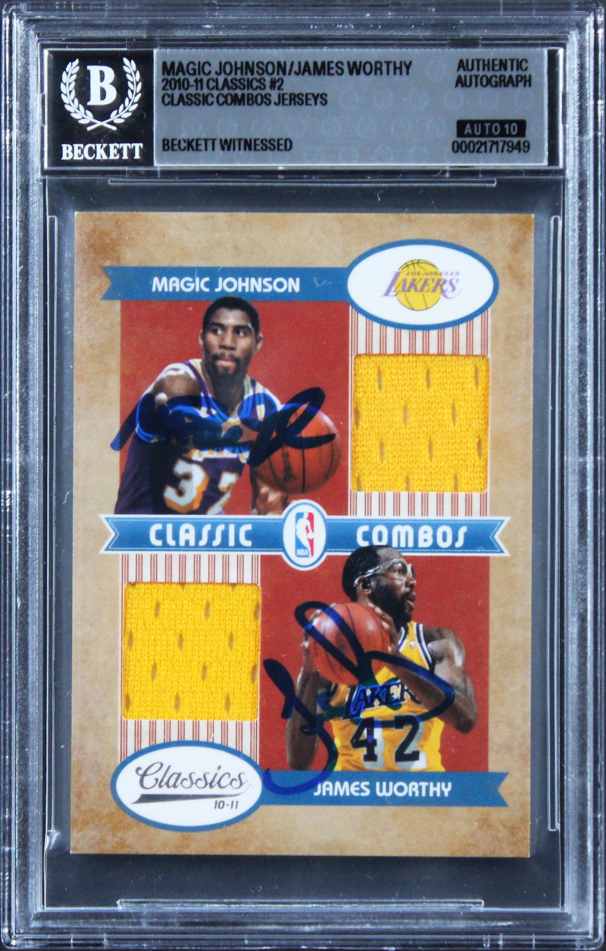 Magic Johnson & James Worthy Signed 2010 Classics #2 Card Auto 10! BAS Slabbed