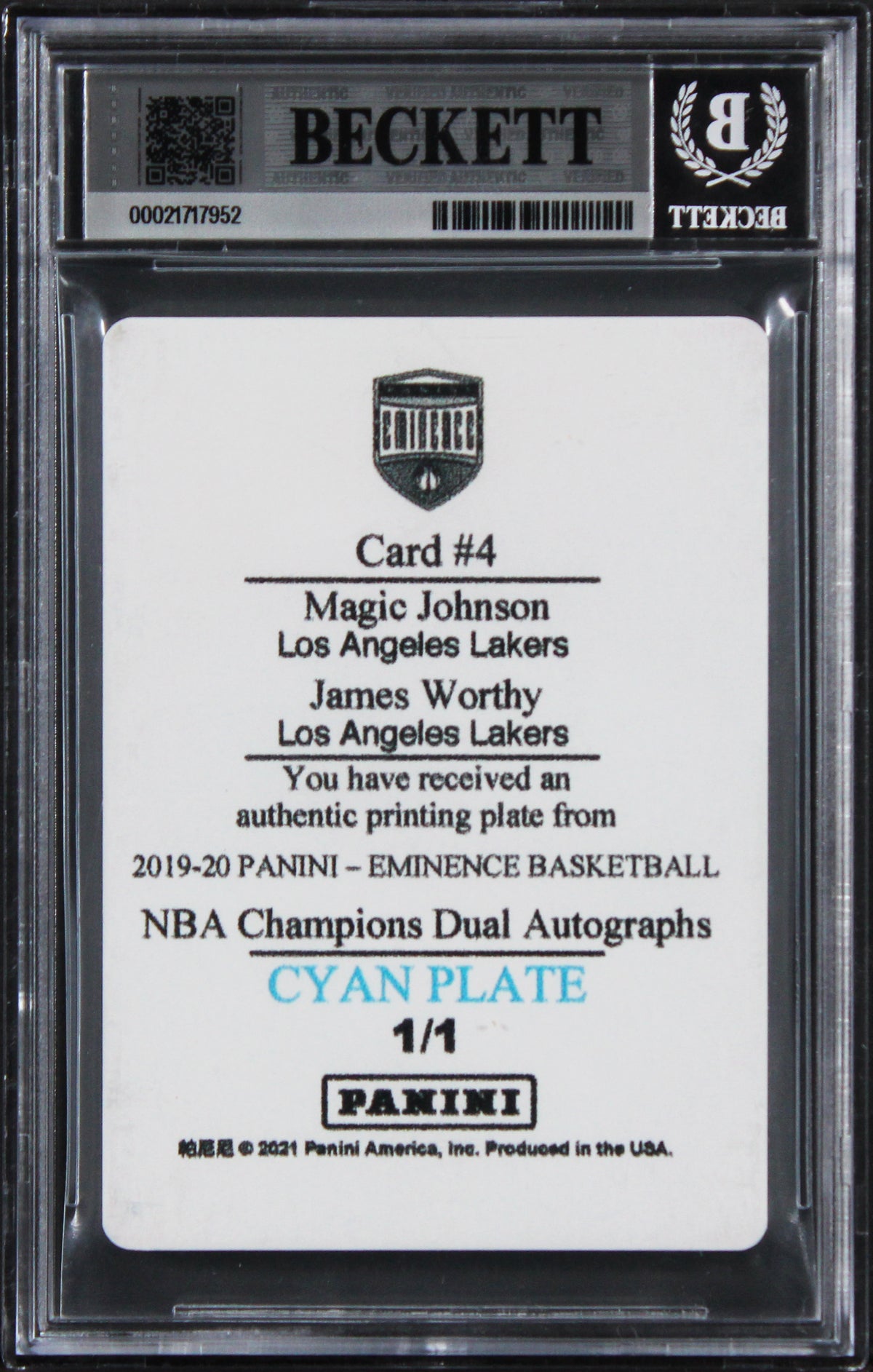 Magic Johnson & James Worthy Signed 2019 Panini PP #4 1/1 Card Auto 10! BAS Slab