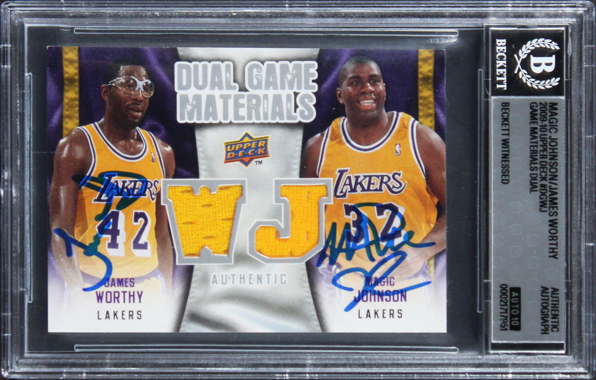 Magic Johnson James Worthy Signed 2009 UD Game Mat DGWJ Card Auto 10 BAS Slab 1
