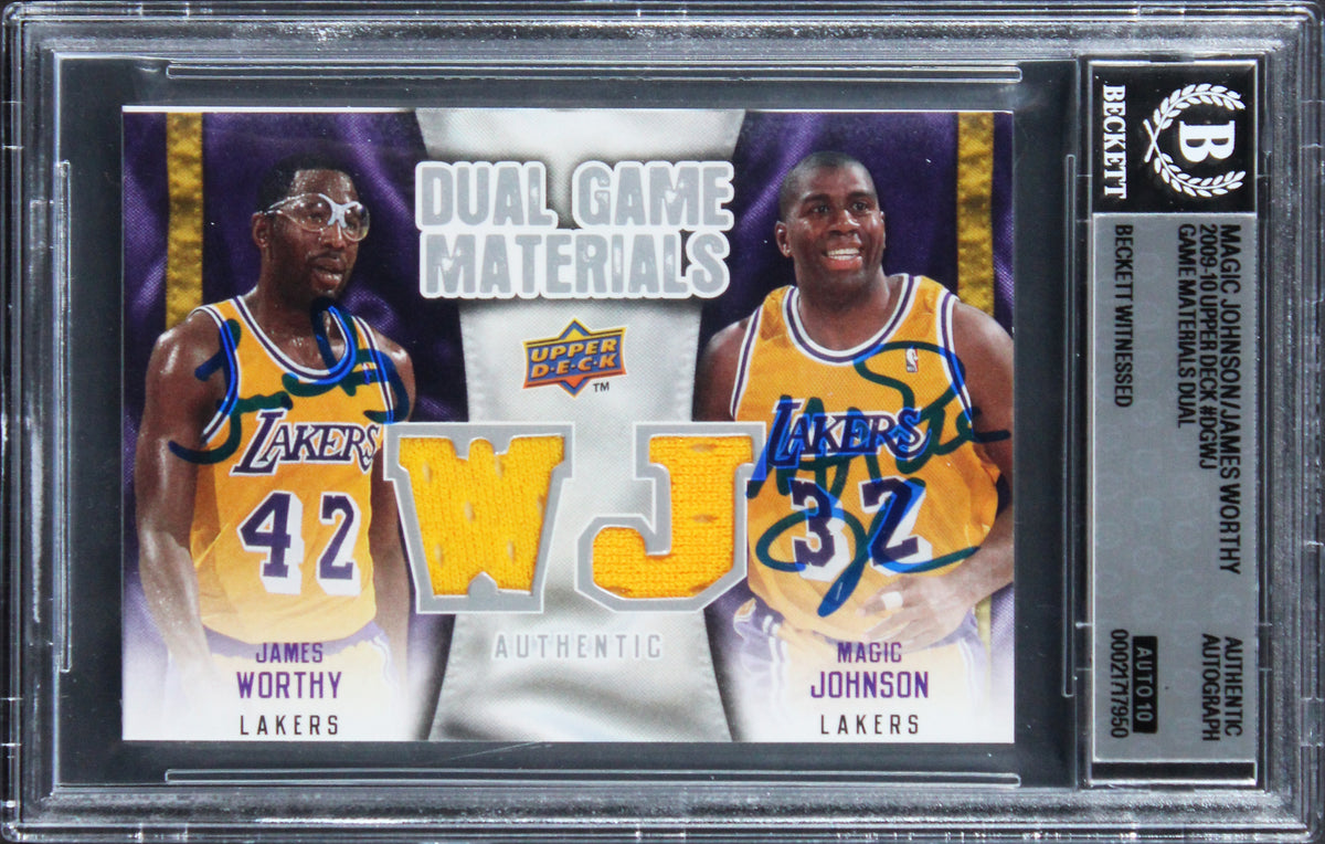 Magic Johnson James Worthy Signed 2009 UD Game Mat DGWJ Card Auto 10 BAS Slab 2