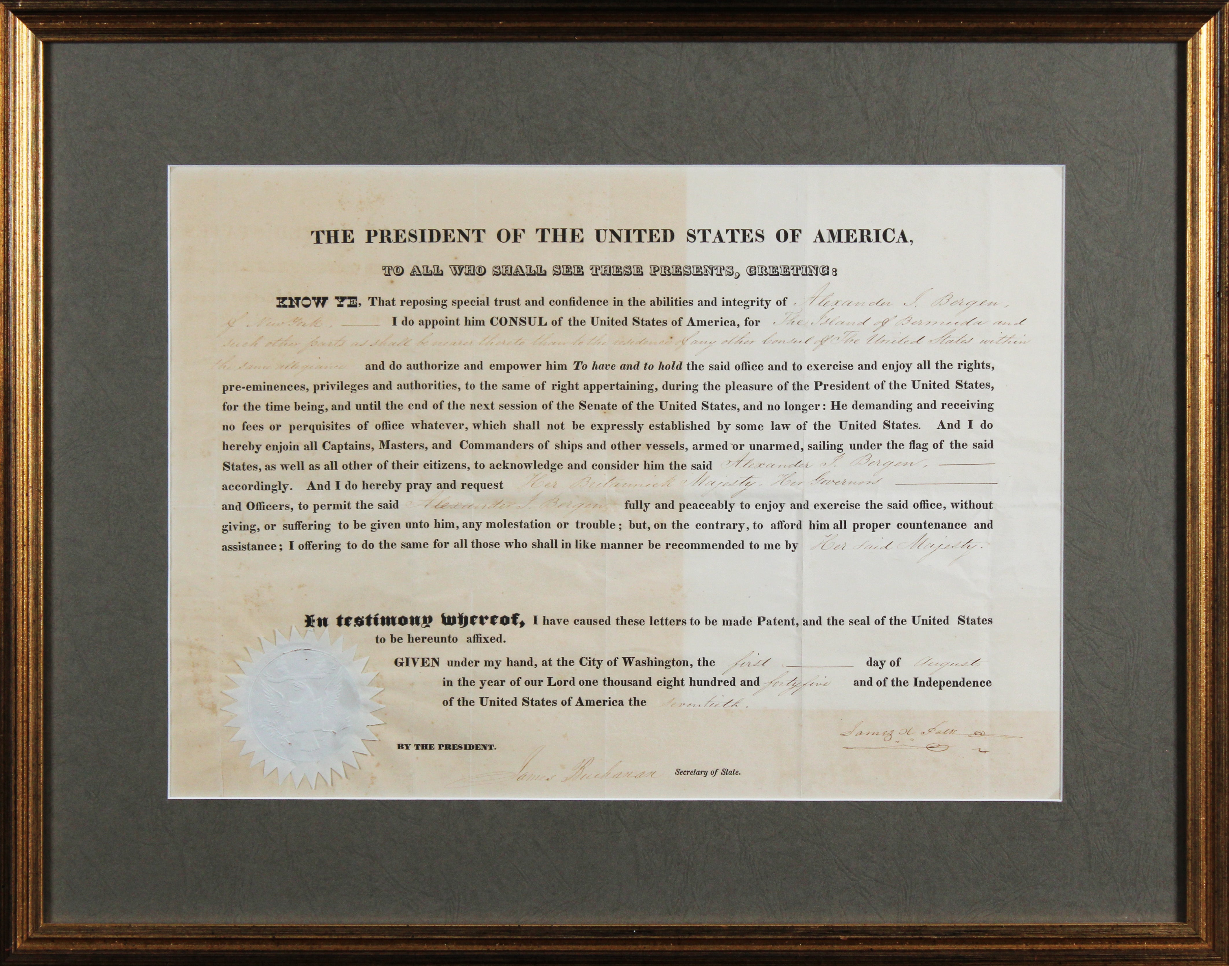 James K. Polk & James Buchanan Signed & Framed 12x17 Appointment Document BAS