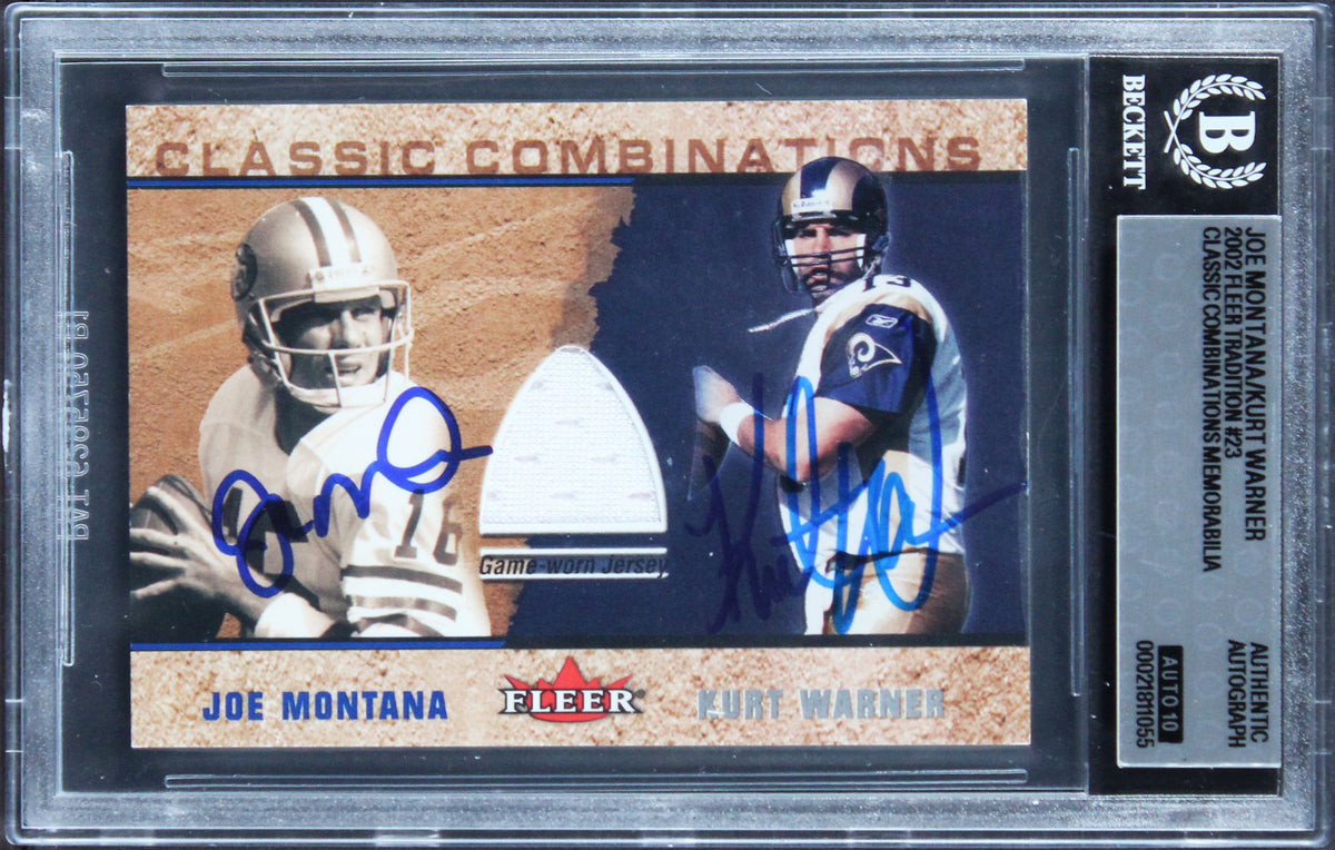 Joe Montana & Kurt Warner Signed 2002 Fleer Tradition #23 Card Auto 10! BAS Slab
