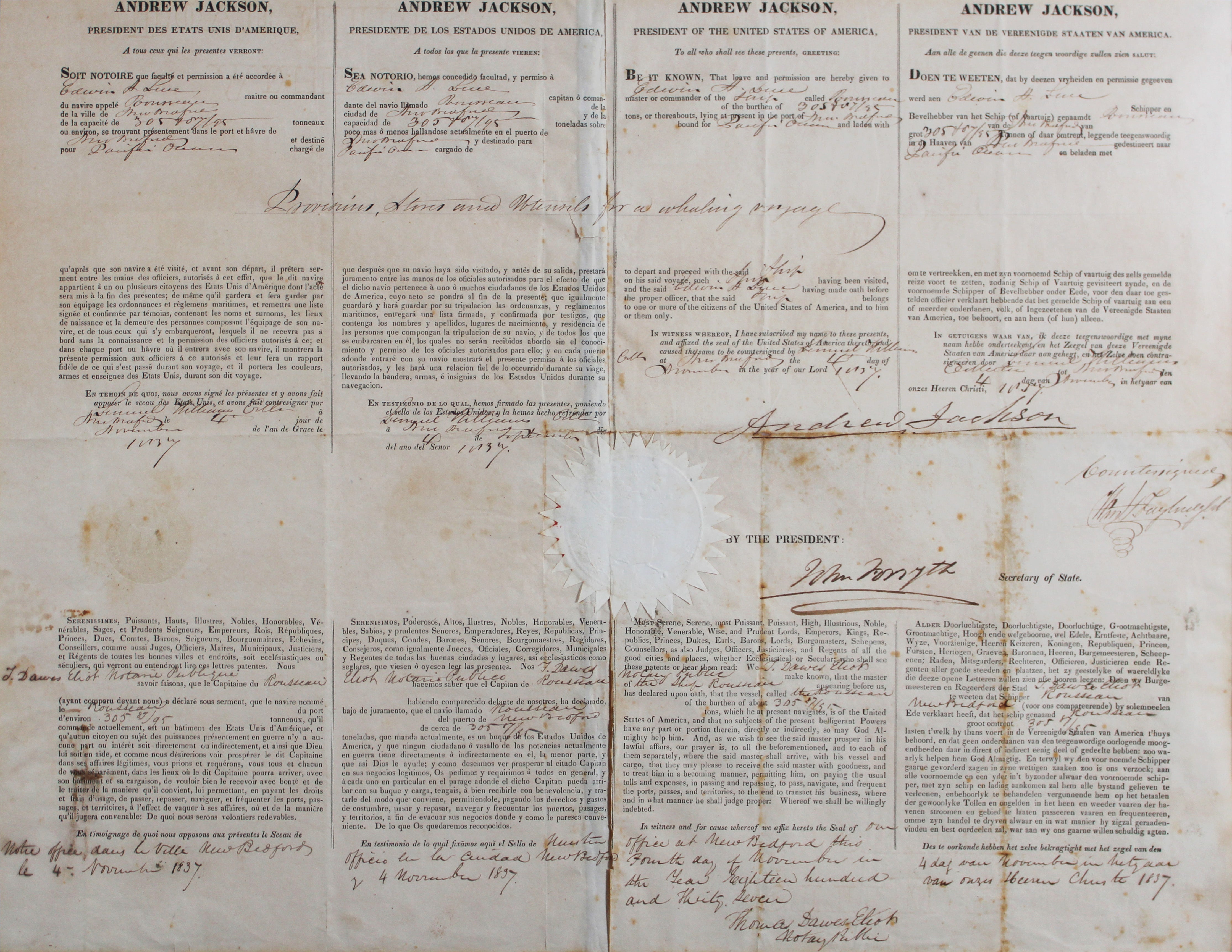 Andrew Jackson Signed & Framed 15.25x20 1837 Four Language Ship's Passport BAS