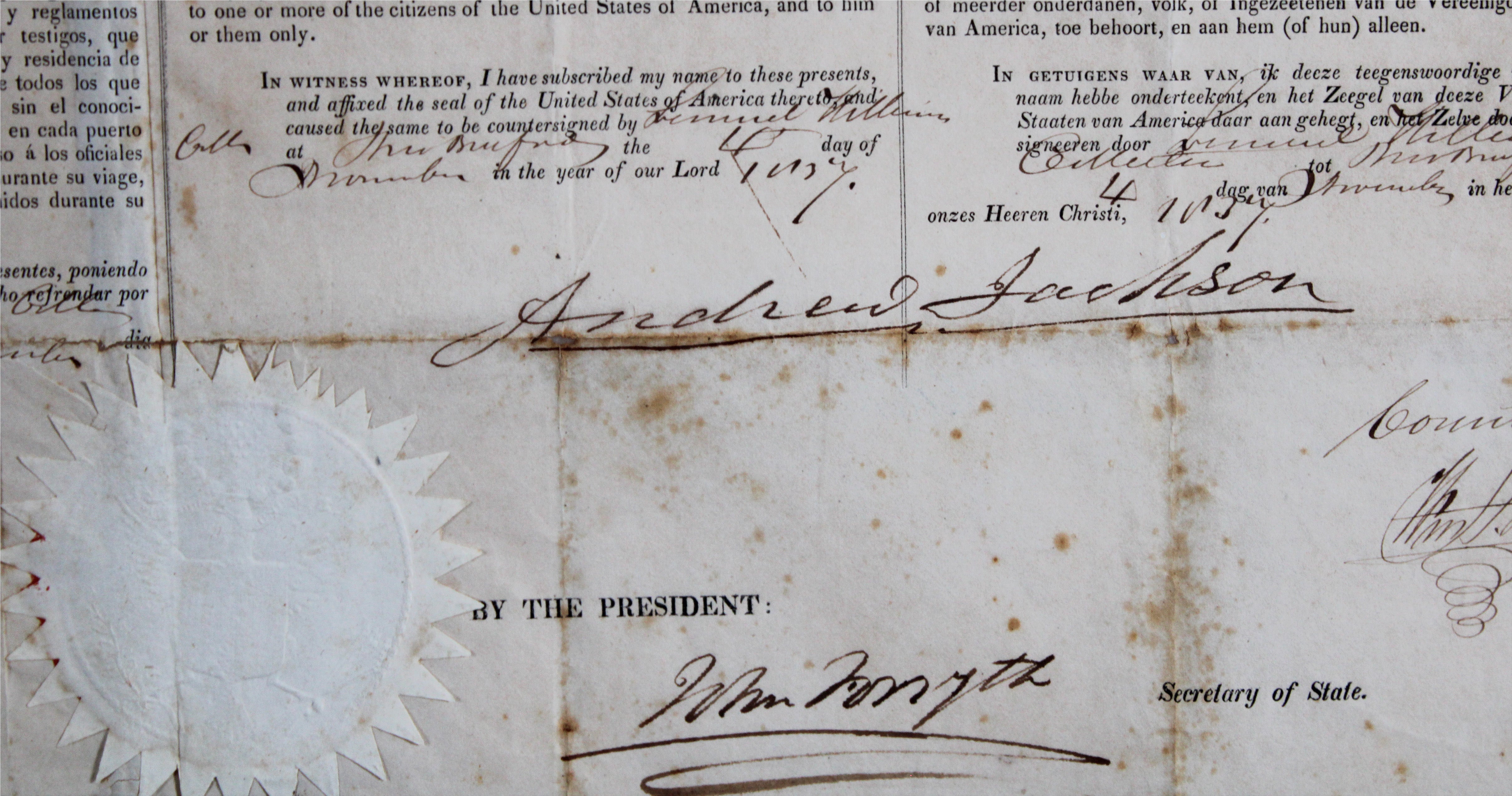 Andrew Jackson Signed & Framed 15.25x20 1837 Four Language Ship's Passport BAS