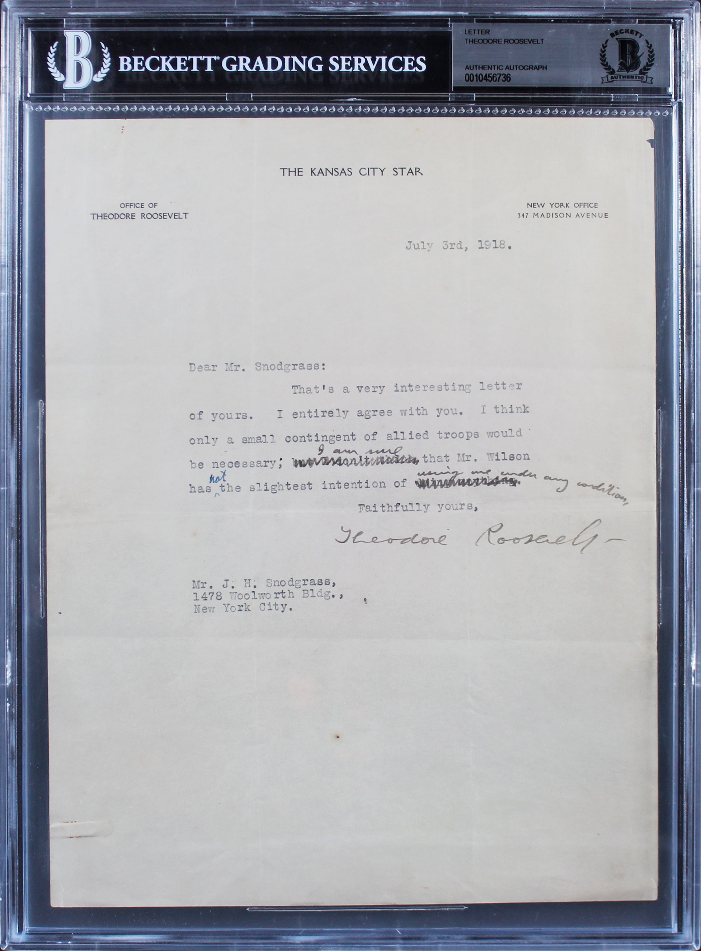 Theodore Roosevelt Authentic Signed 8.5x11 Letter Dated July 3rd, 1918 BAS Slab