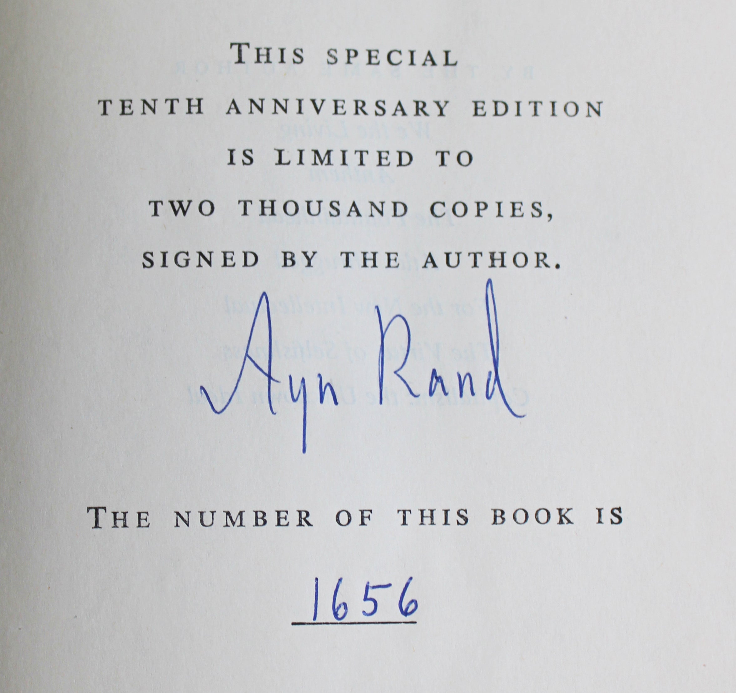 Ayn Rand Signed Atlas Shrugged 10th Anniv Ed. Hard Cover Book LE #1656/2000 BAS