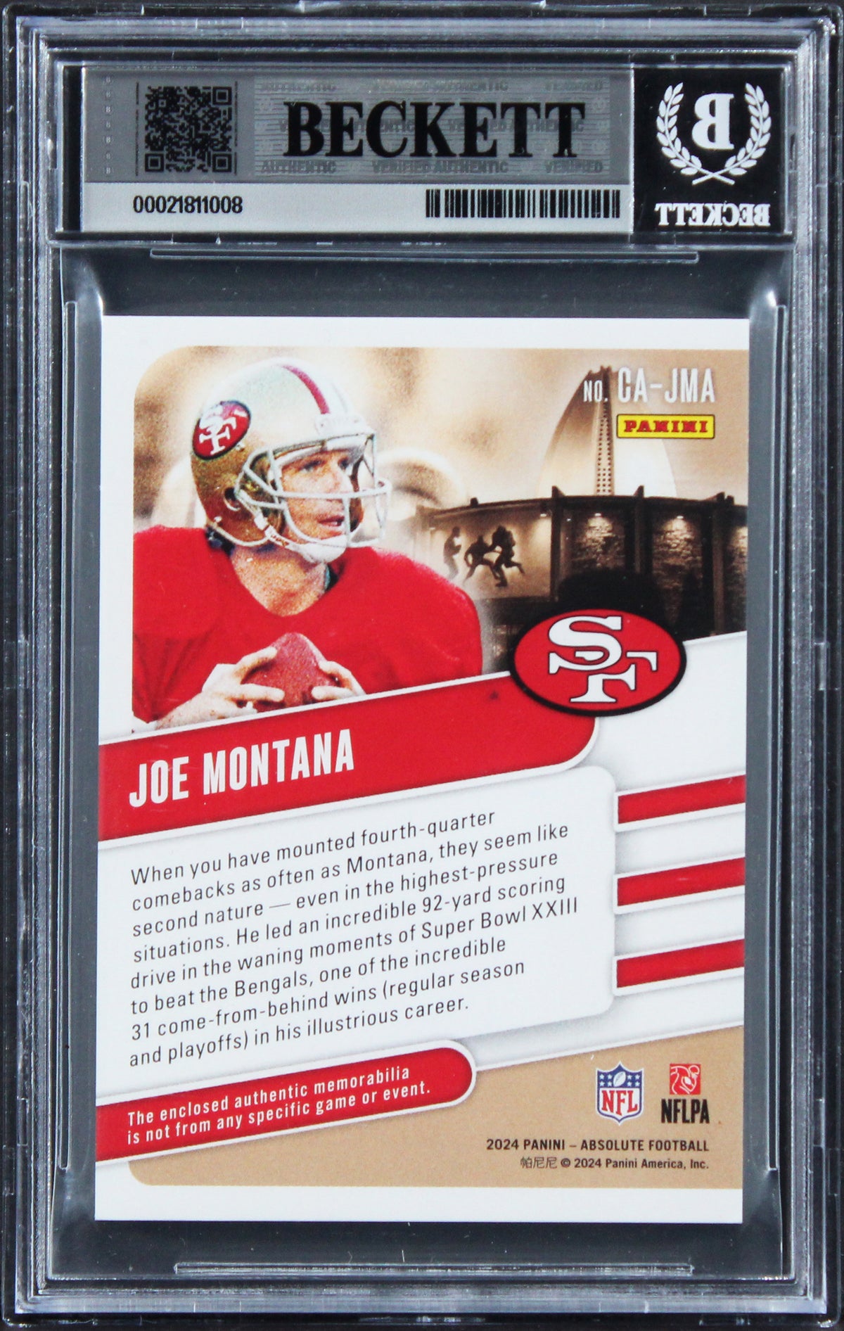 49ers Joe Montana Signed 2024 Absolute Gold #1 17/99 Card Auto 10! BAS Slabbed