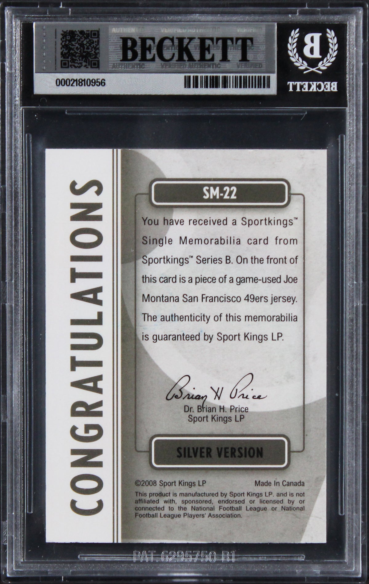 49ers Joe Montana Signed 2008 Sport Kings Silver #22 Card Auto 10! BAS Slabbed
