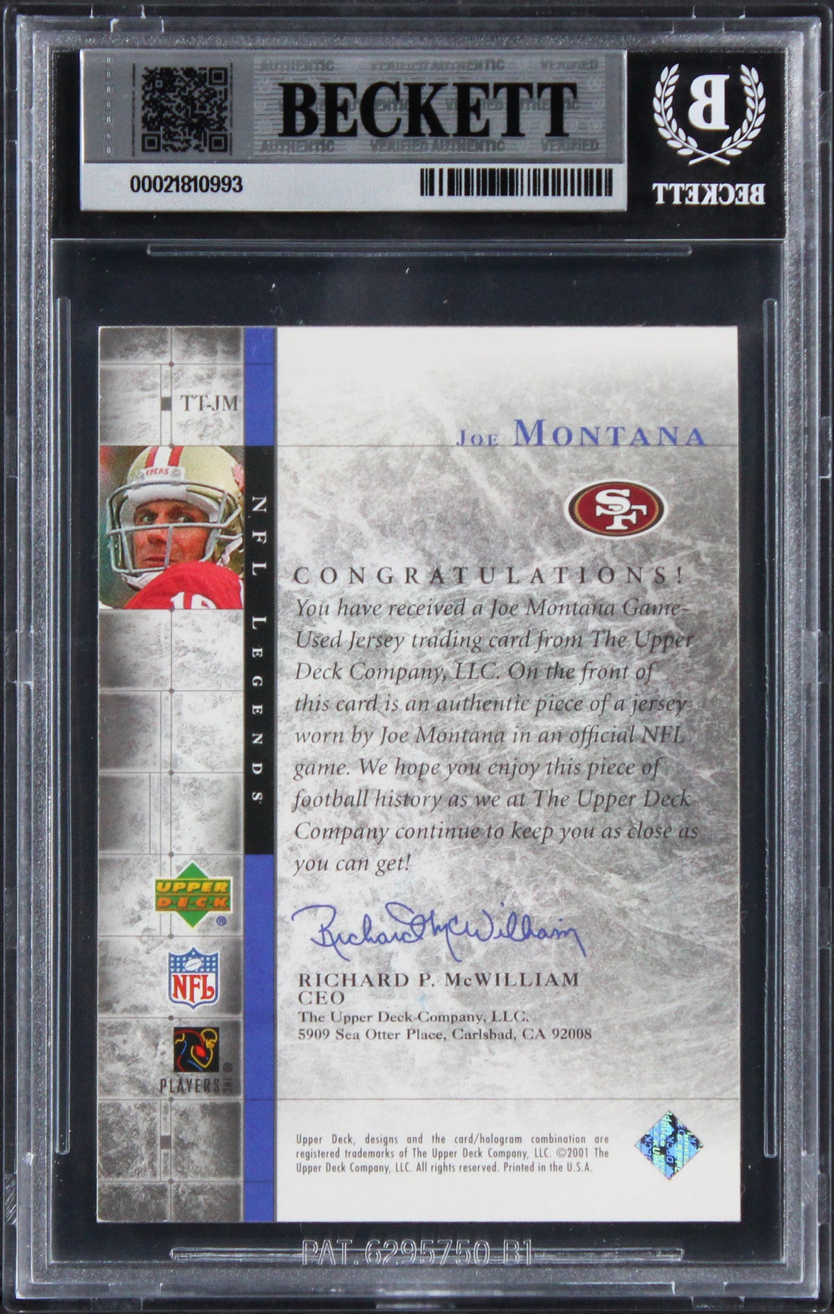 49ers Joe Montana Signed 2001 Upper Deck Legends #TTJM Card Auto 10! BAS Slabbed