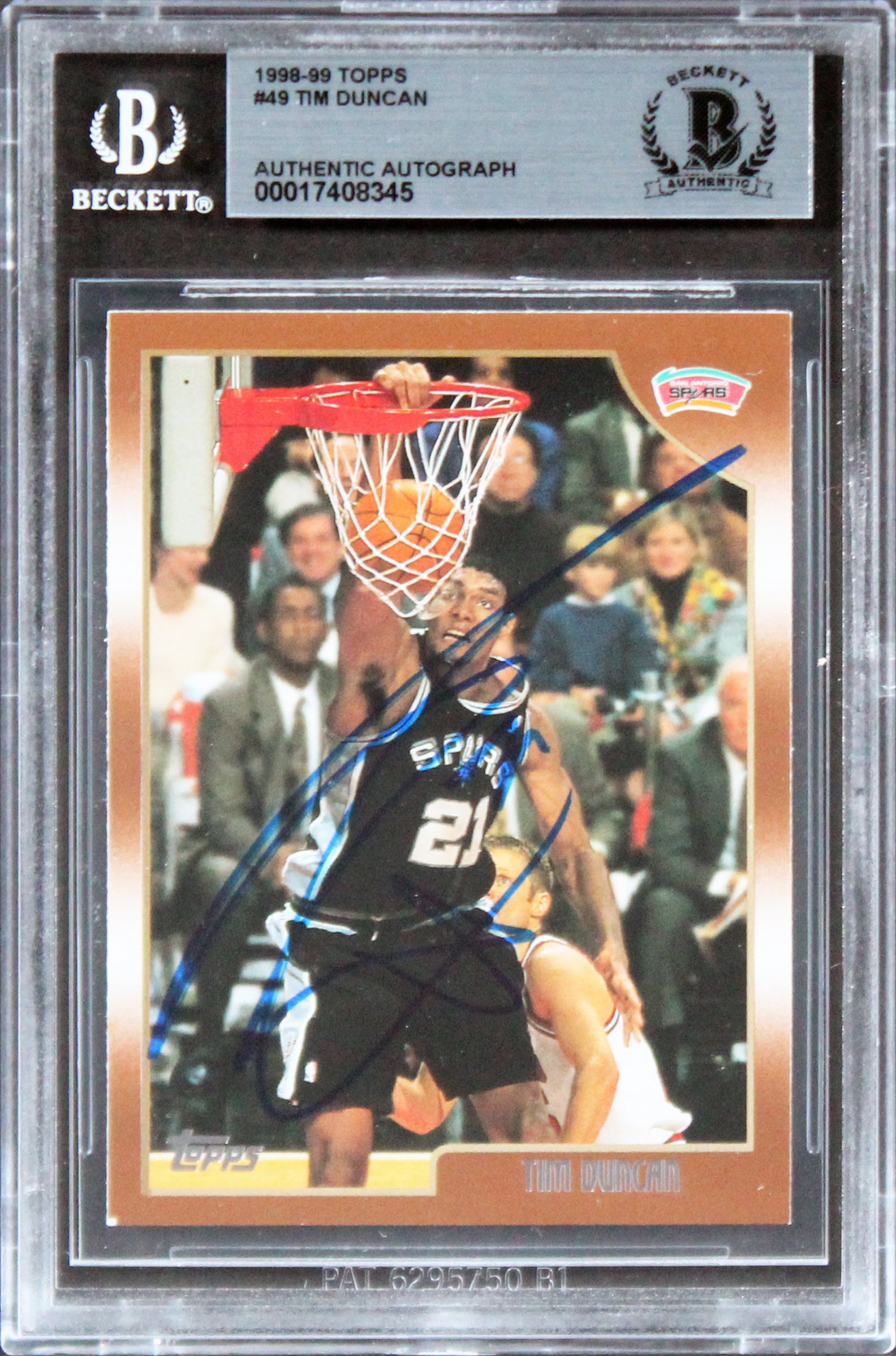 Spurs Tim Duncan Authentic Signed 1998 Topps #49 Card Autographed BAS Slabbed