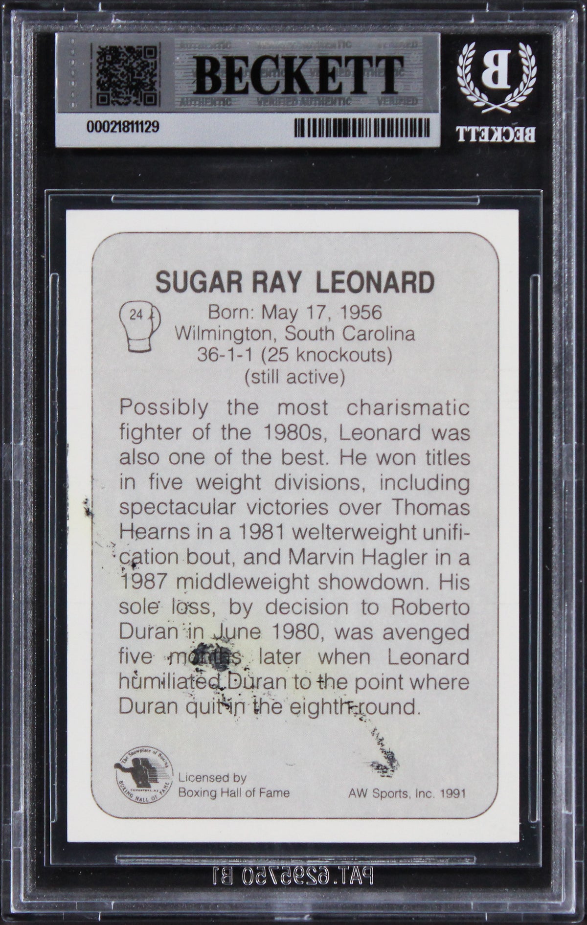 Sugar Ray Leonard Authentic Signed 1991 All World #24 Card BAS Slabbed