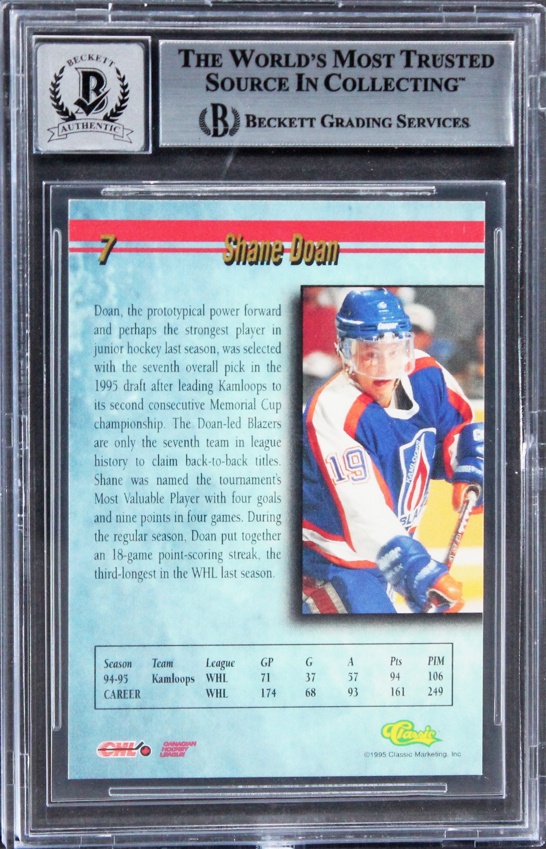 Jets Shane Doan Signed 1995 Classic Gold #7 Rookie Card Auto 10! BAS Slabbed