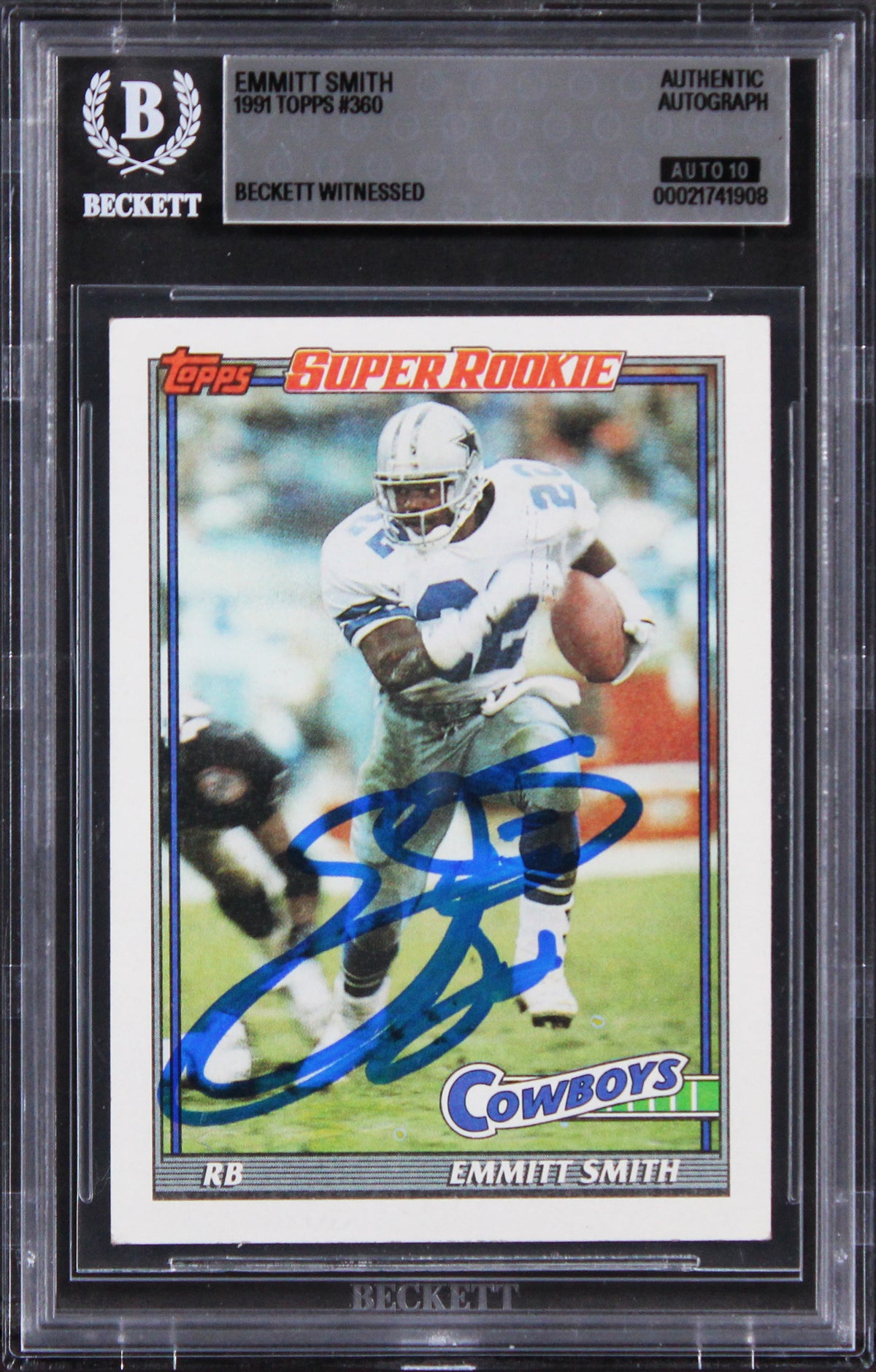 Cowboys Emmitt Smith Signed 1991 Topps #360 Rookie Card Auto 10! BAS Slabbed
