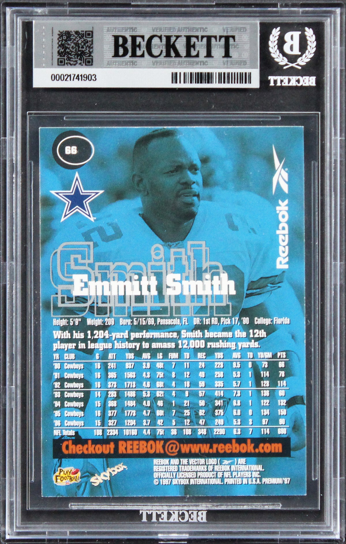 Cowboys Emmitt Smith Signed 1997 Skybox Premium #66 Card Auto 10! BAS Slabbed