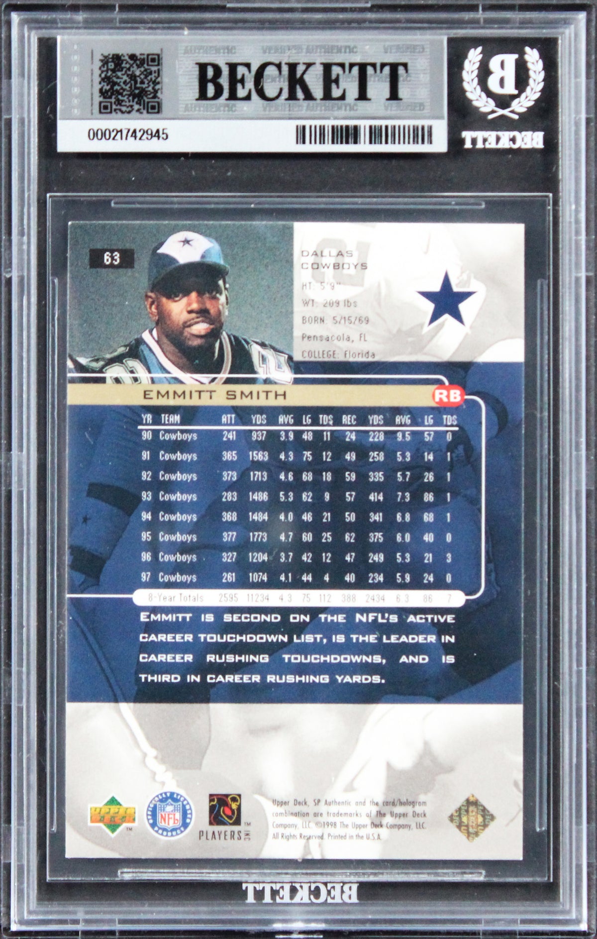 Cowboys Emmitt Smith Signed 1998 SP Authentic #63 Card Auto 10! BAS Slabbed