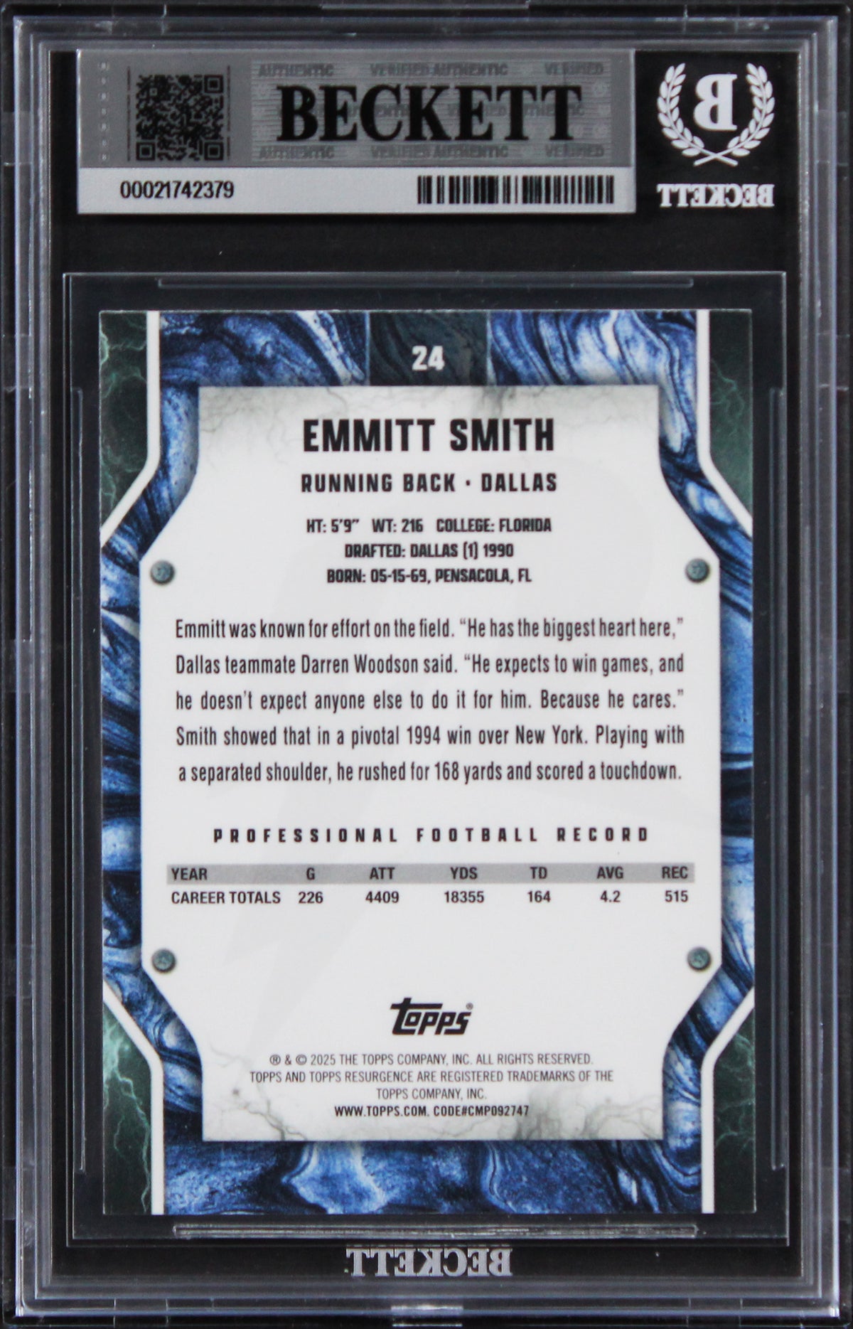 Cowboys Emmitt Smith Signed 2024 Topps Resurgence BOS #24 Card Auto 10! BAS Slab