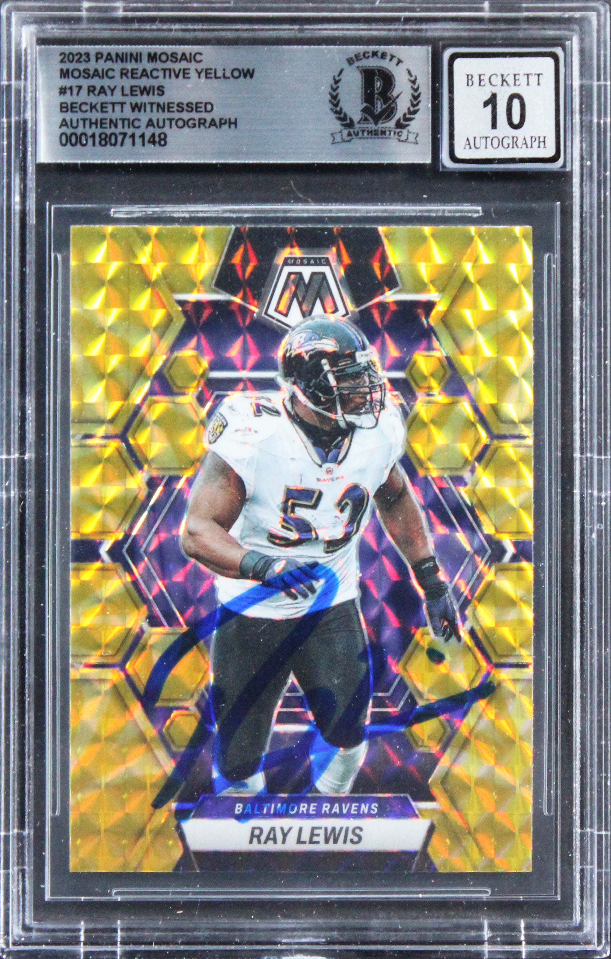 Ray Lewis Signed 2023 Panini Mosaic Reactive Yellow #17 Card Auto 10! BAS Slab