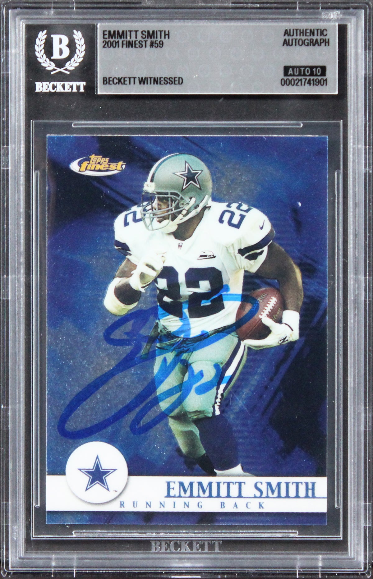 Cowboys Emmitt Smith Signed 2001 Finest #59 Card Auto Gem Mint 10! BAS Slabbed