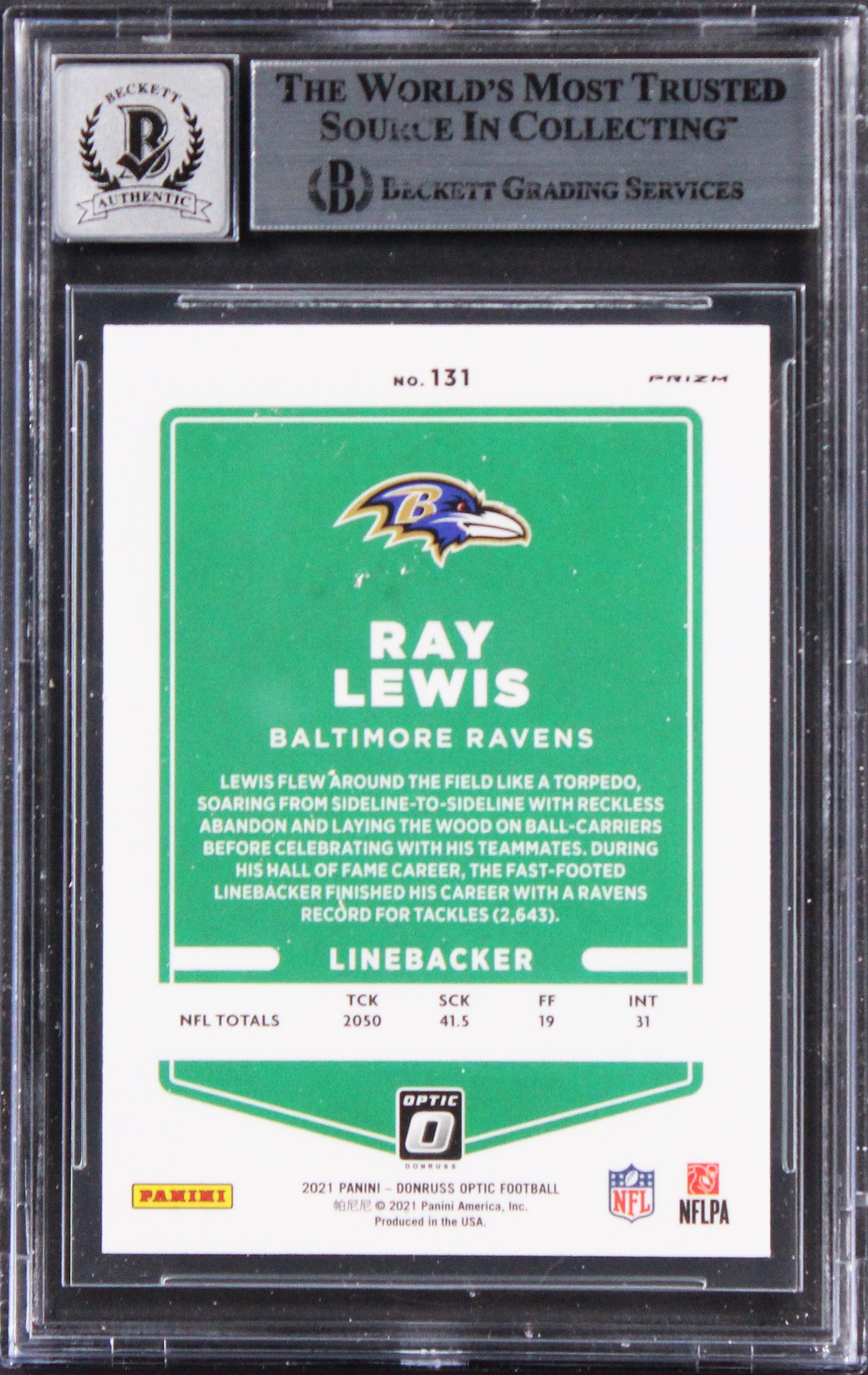 Ravens Ray Lewis Signed 2021 Donruss Optic Holo #131 Card Auto 10! BAS Slabbed