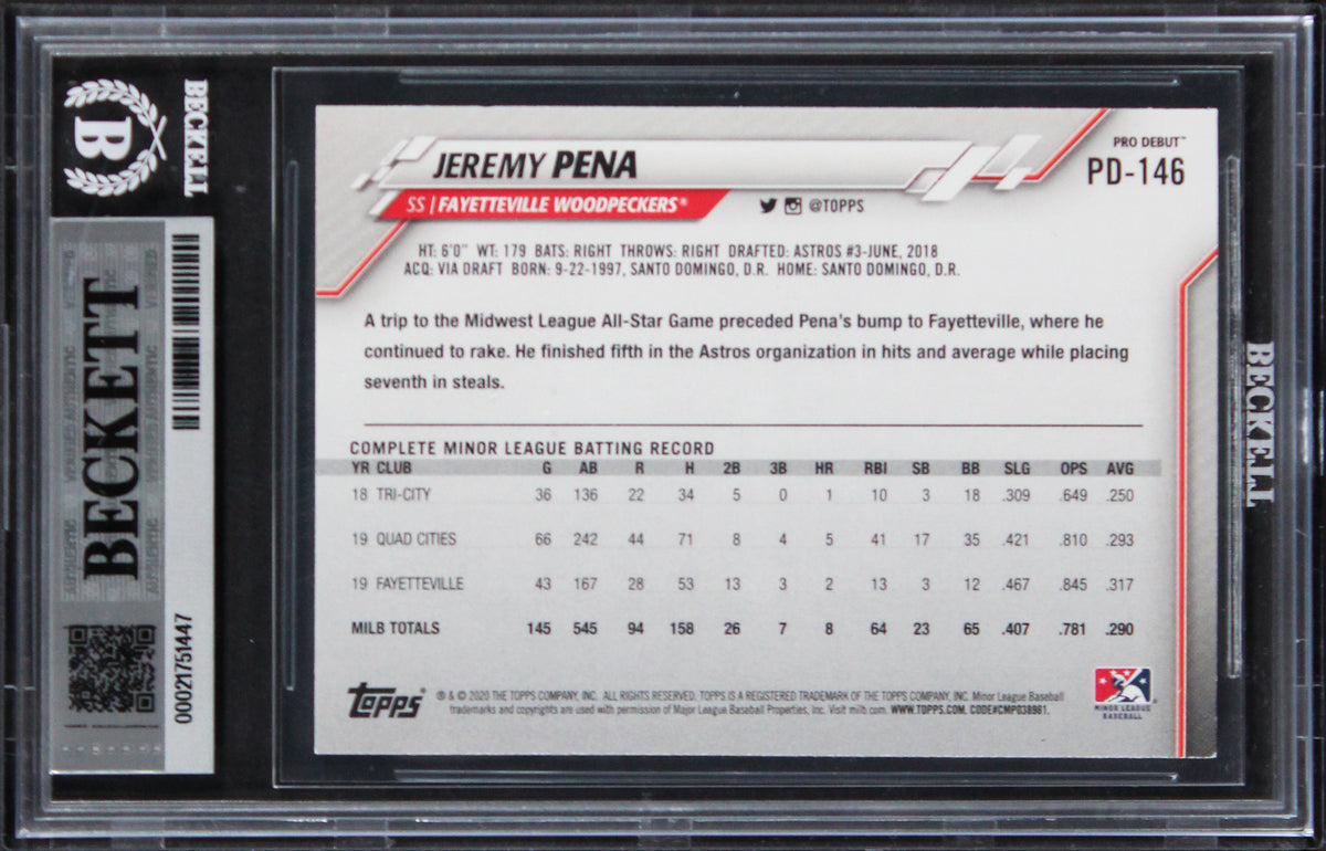 Astros Jeremy Pena Authentic Signed 2020 Topps Pro Debut #PD146 Card BAS Slabbed
