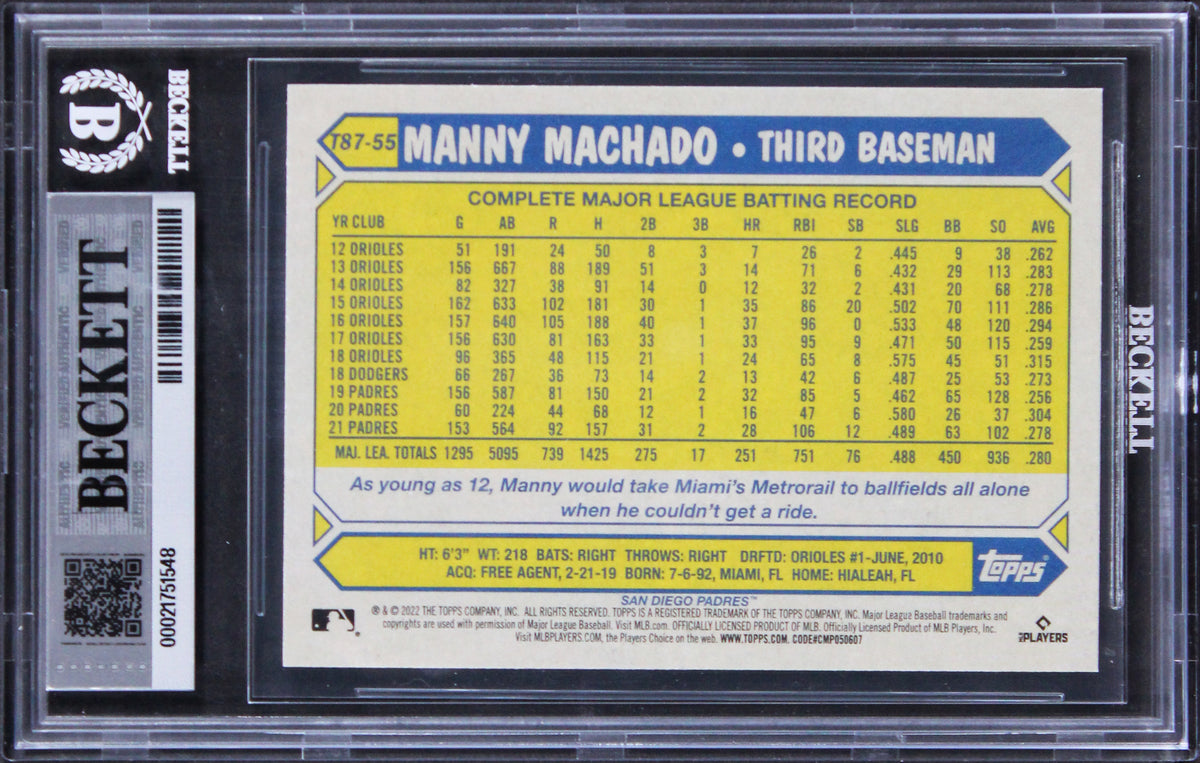 Padres Manny Machado Authentic Signed 2022 Topps #T8755 Card BAS Slabbed