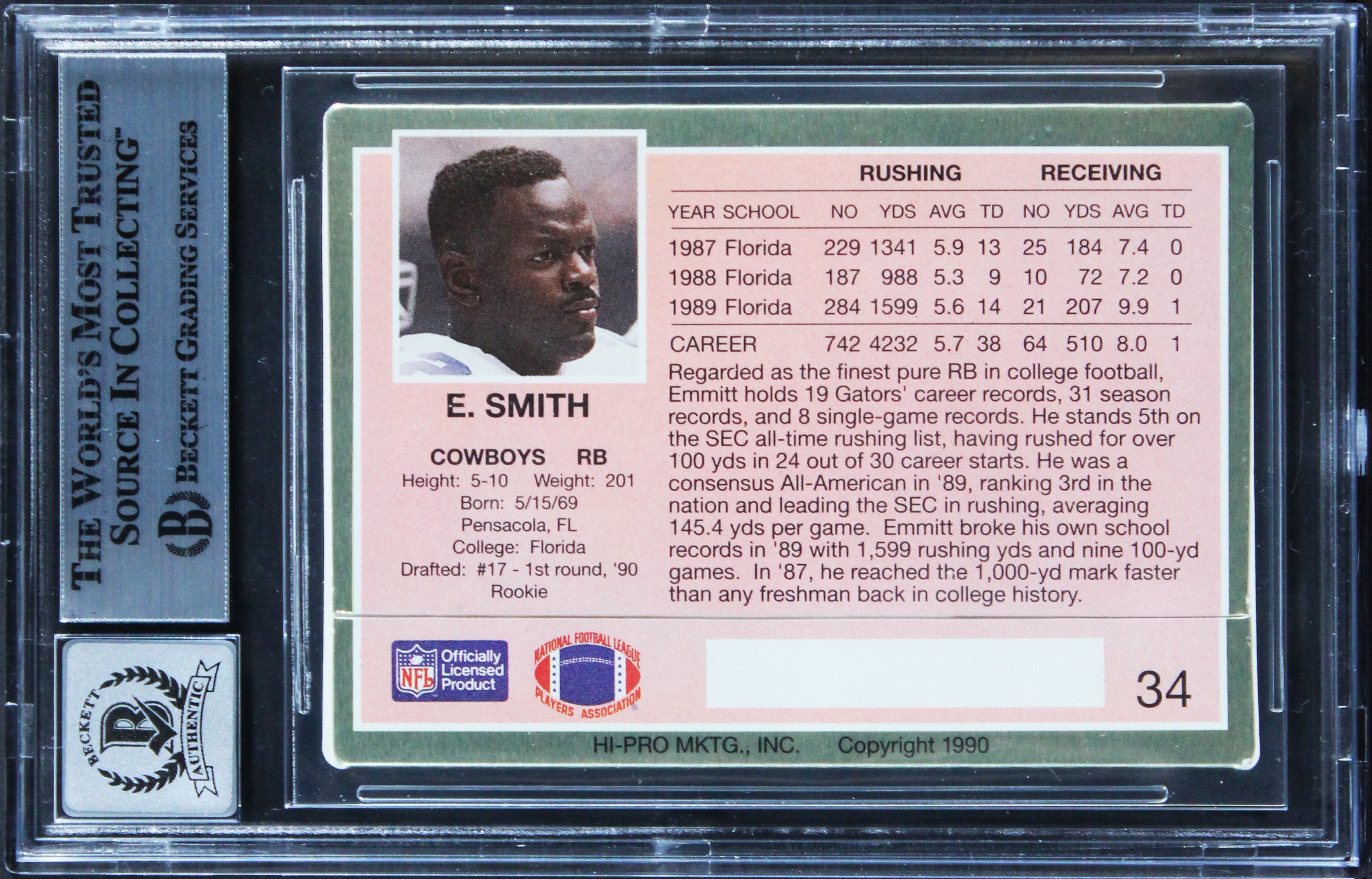 Emmitt Smith Signed 1990 Action Packed Rookie Update #34 Card Auto 10! BAS Slab