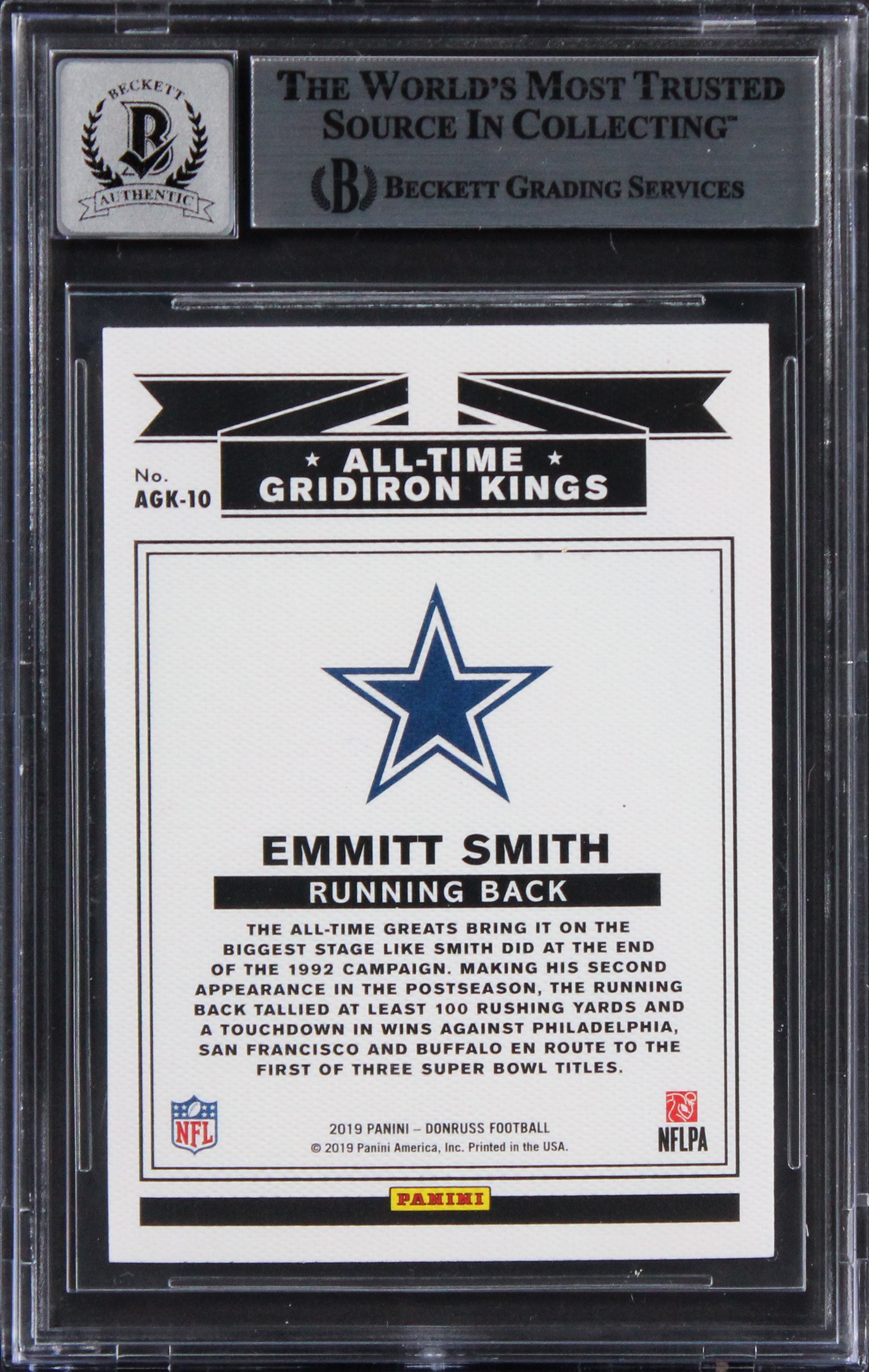 Emmitt Smith Signed 2019 Donruss AT Gridiron Kings #10 Card Auto 10! BAS Slabbed