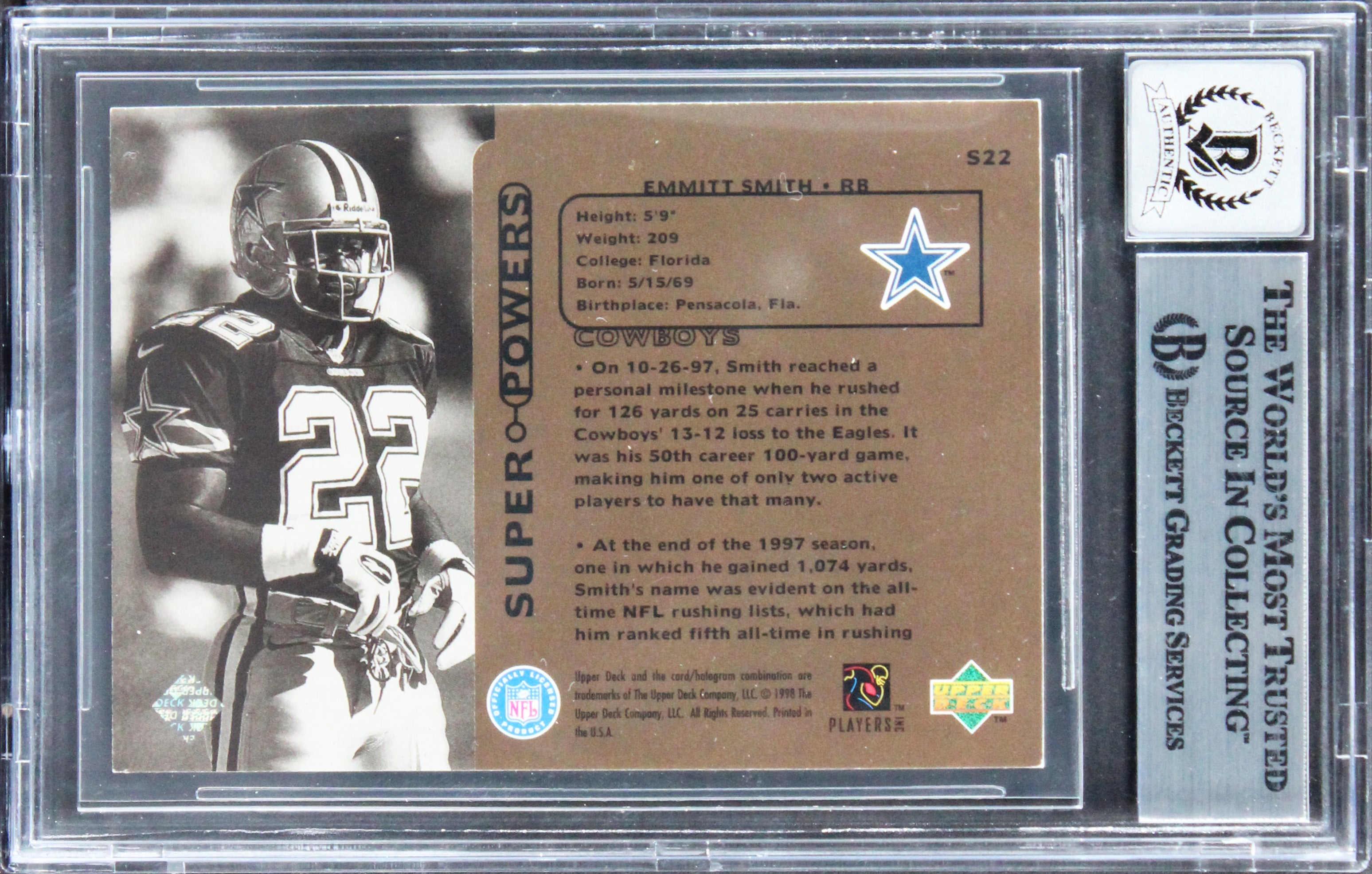 Emmitt Smith Signed 1998 Upper Deck Super Powers #S22 Card Auto 10! BAS Slabbed