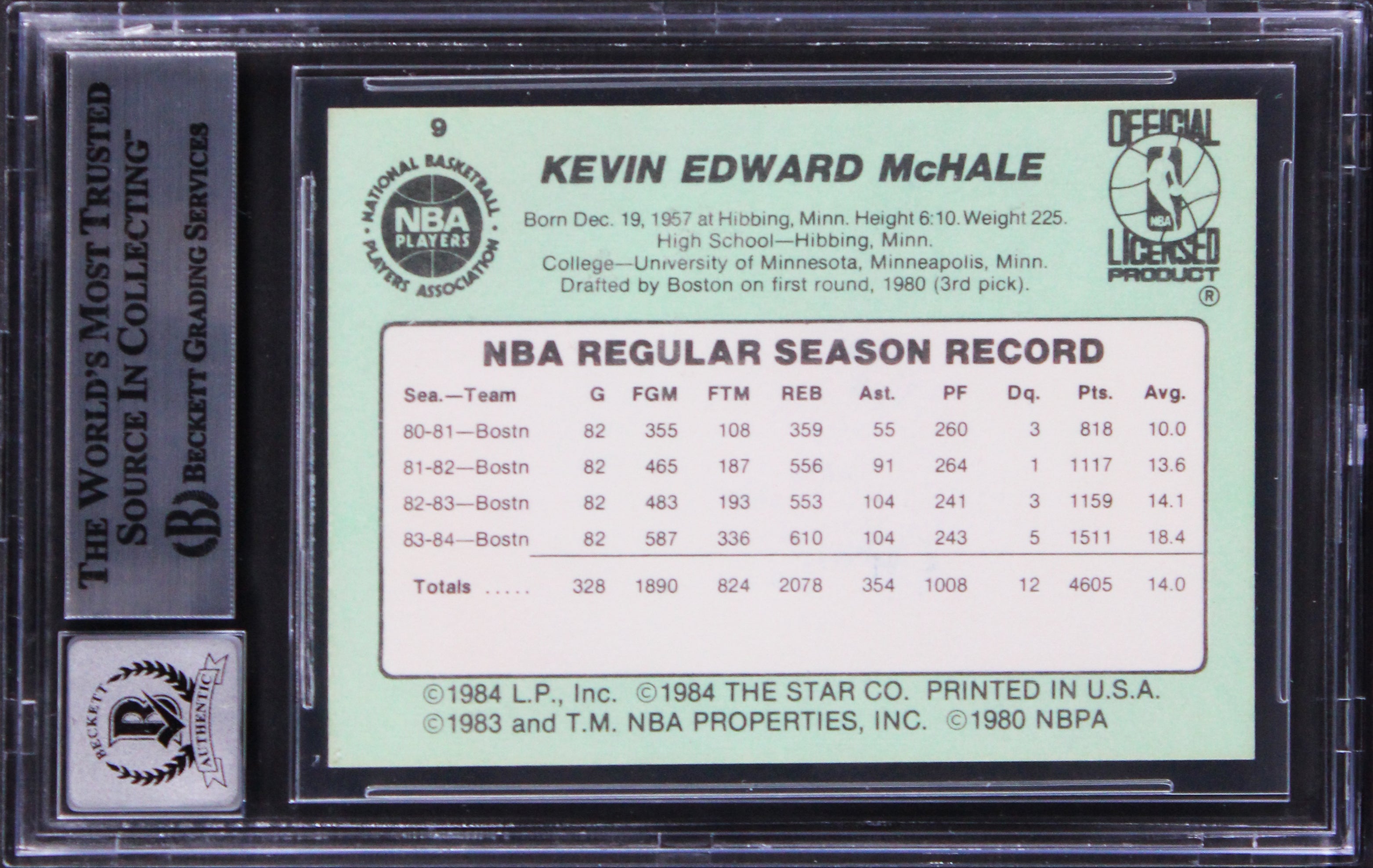 Celtics Kevin McHale Signed 1984 Star #9 Card Auto Graded Mint 10! BAS Slabbed