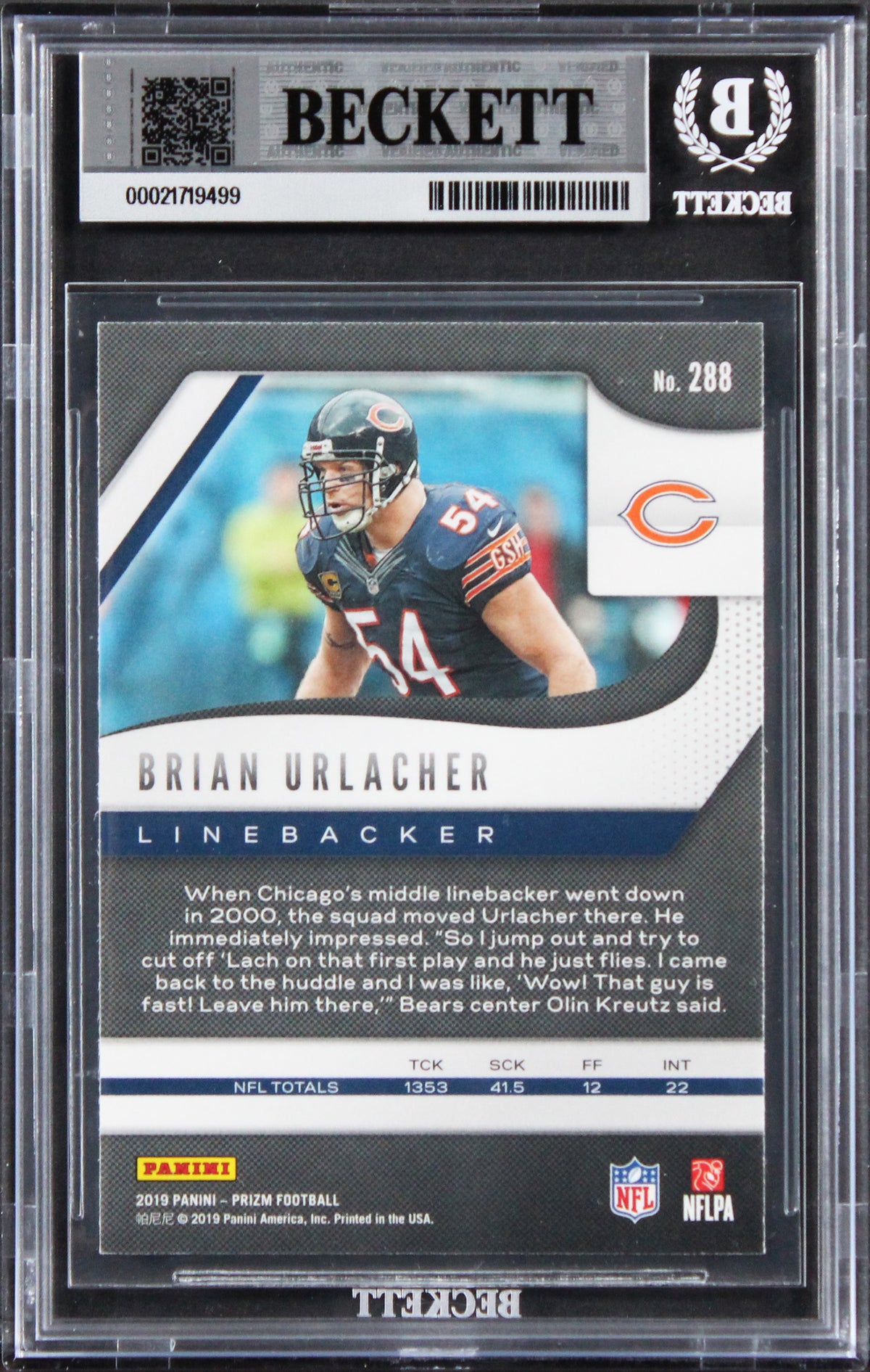 Bears Brian Urlacher Signed 2019 Panini Prizm #288 Card Auto GM 10! BAS Slabbed