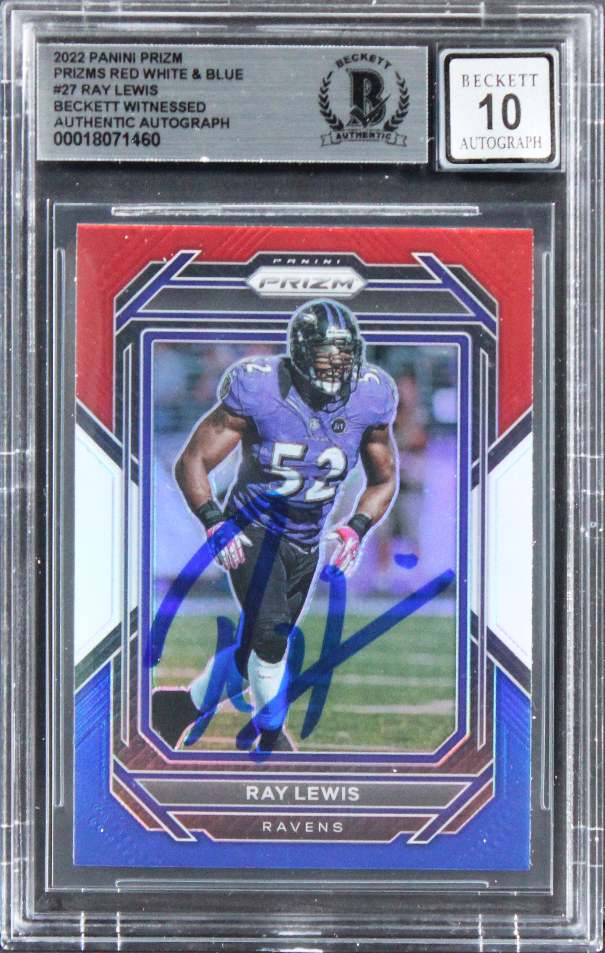 Ravens Ray Lewis Signed 2022 Panini Prizm RWB #27 Card Auto Gem 10! BAS Slabbed