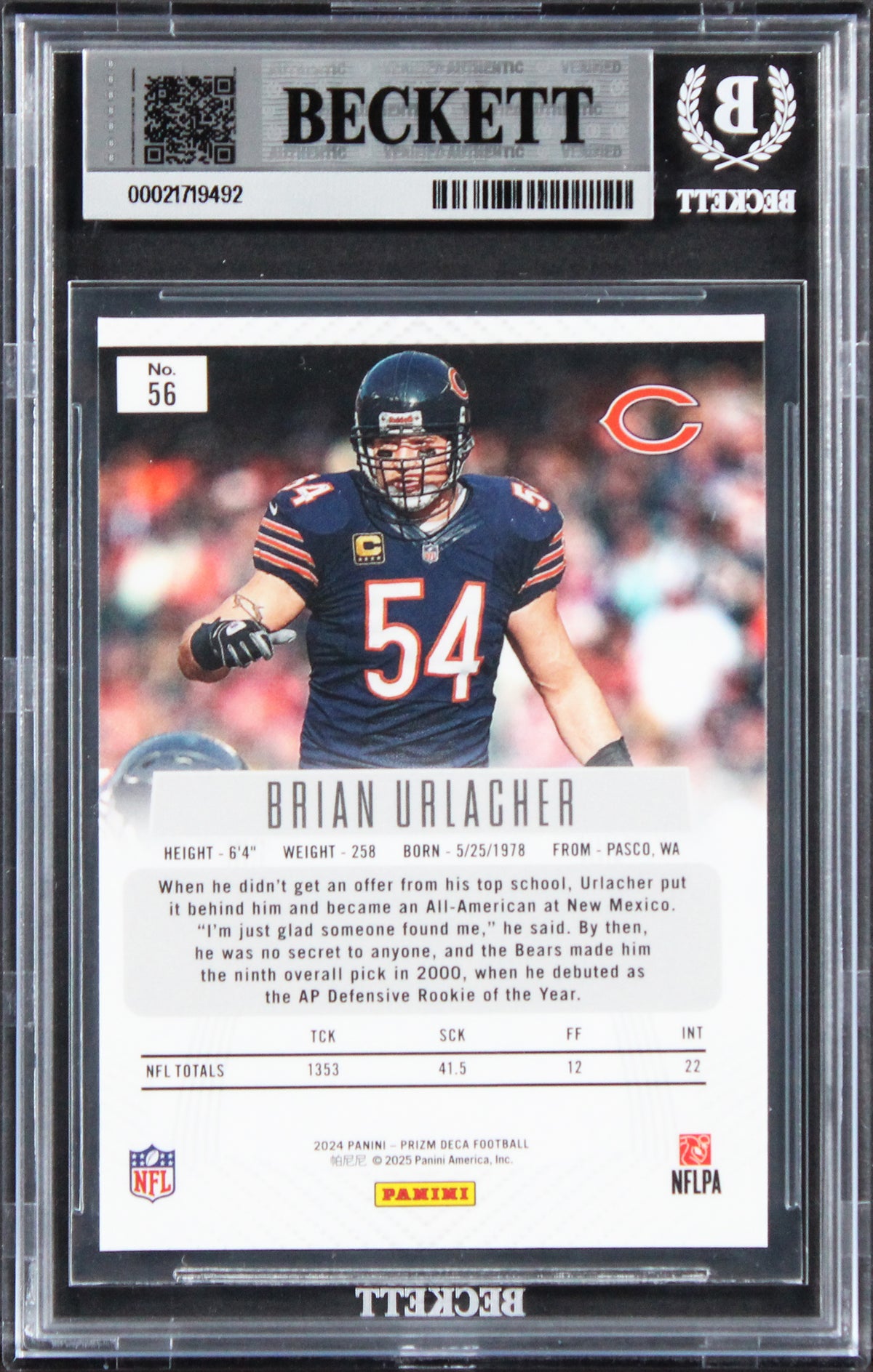 Bears Brian Urlacher Signed 2024 Panini Prizm Deca #56 Card Auto 10! BAS Slabbed