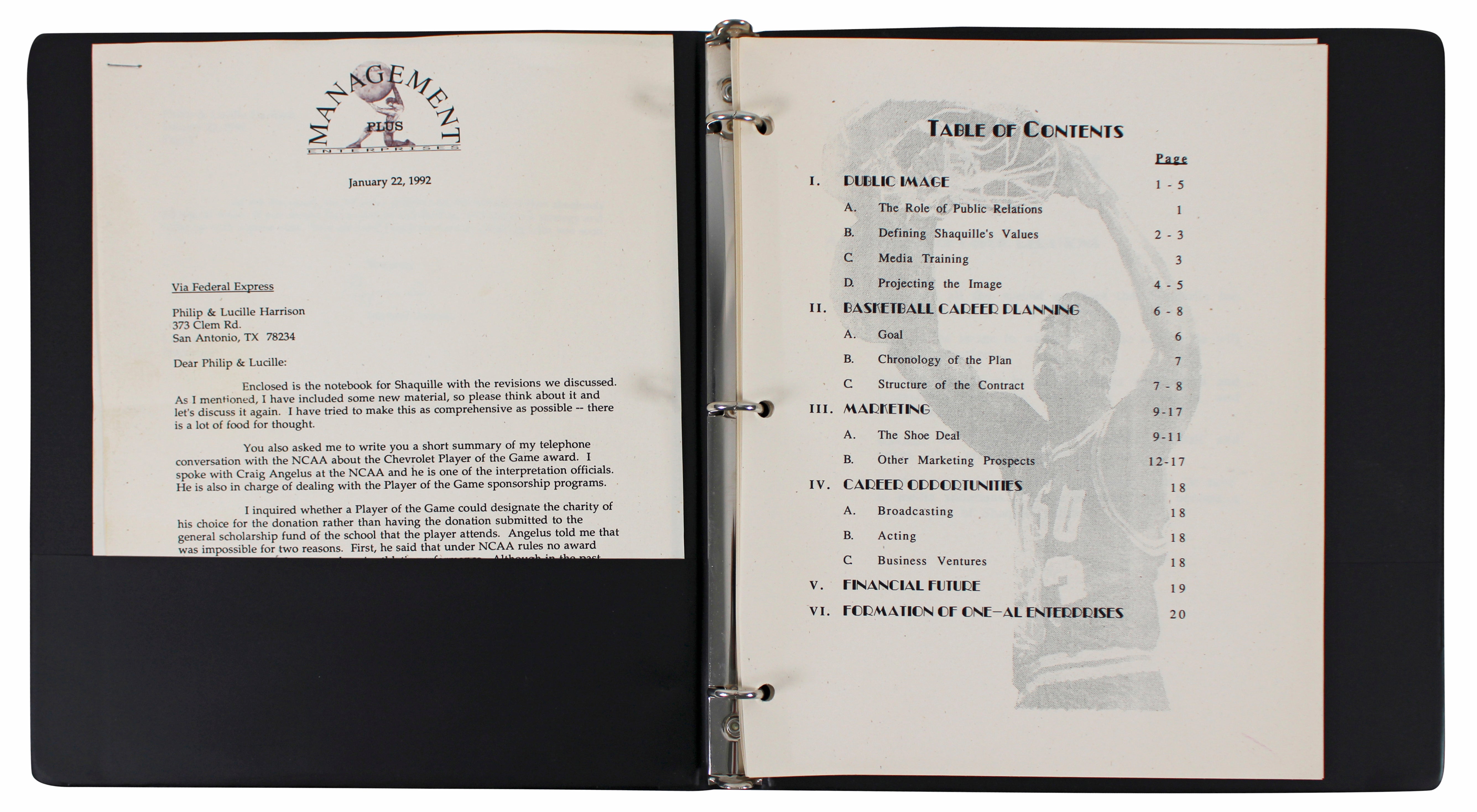 Shaquille O'Neal Authentic 1988 Agency Recruitment Presentation Binder Letter