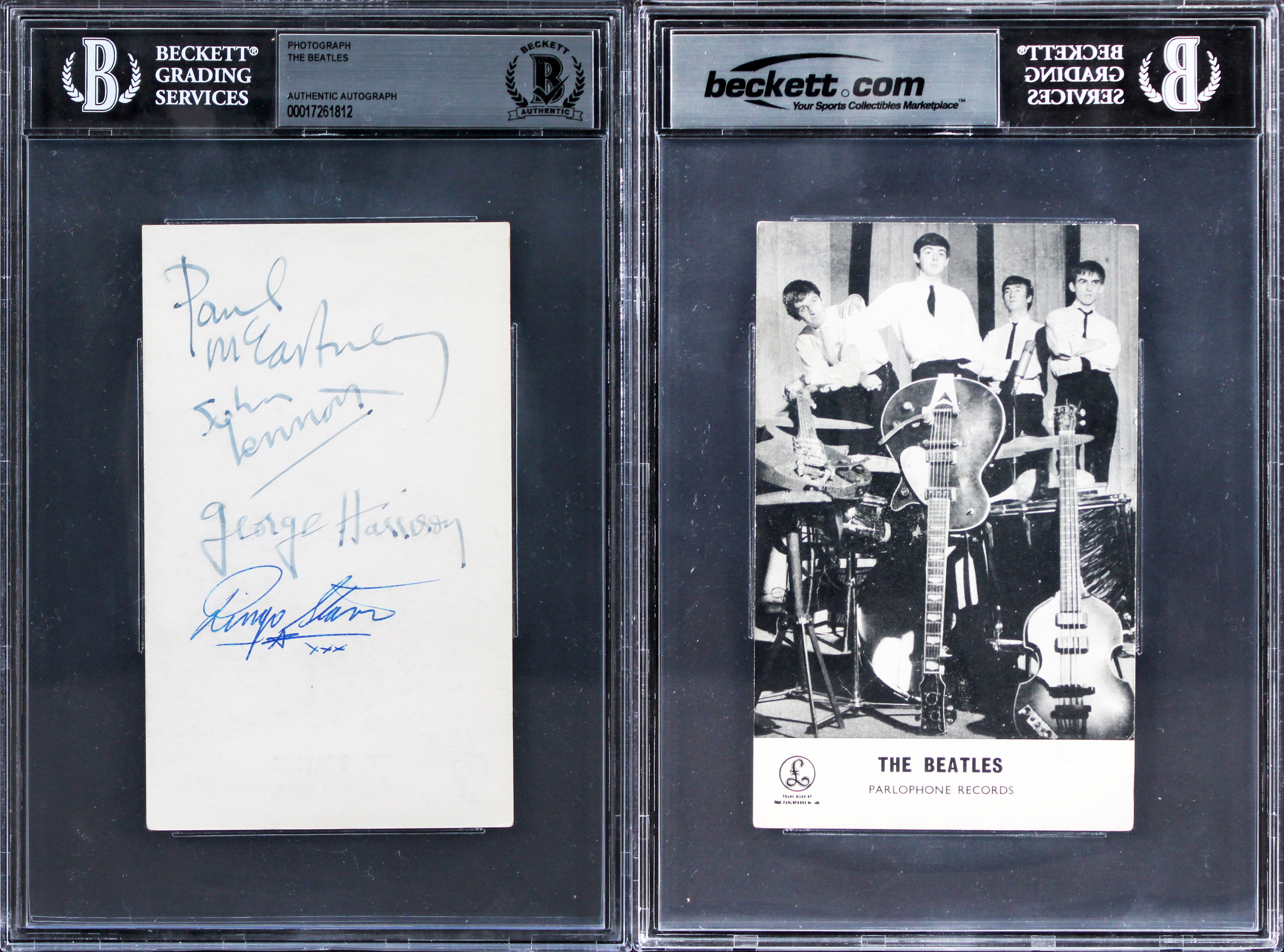 Beatles (4) Lennon, McCartney, Harrison & Starr Signed 3.5x5.75 Photo BAS Slab