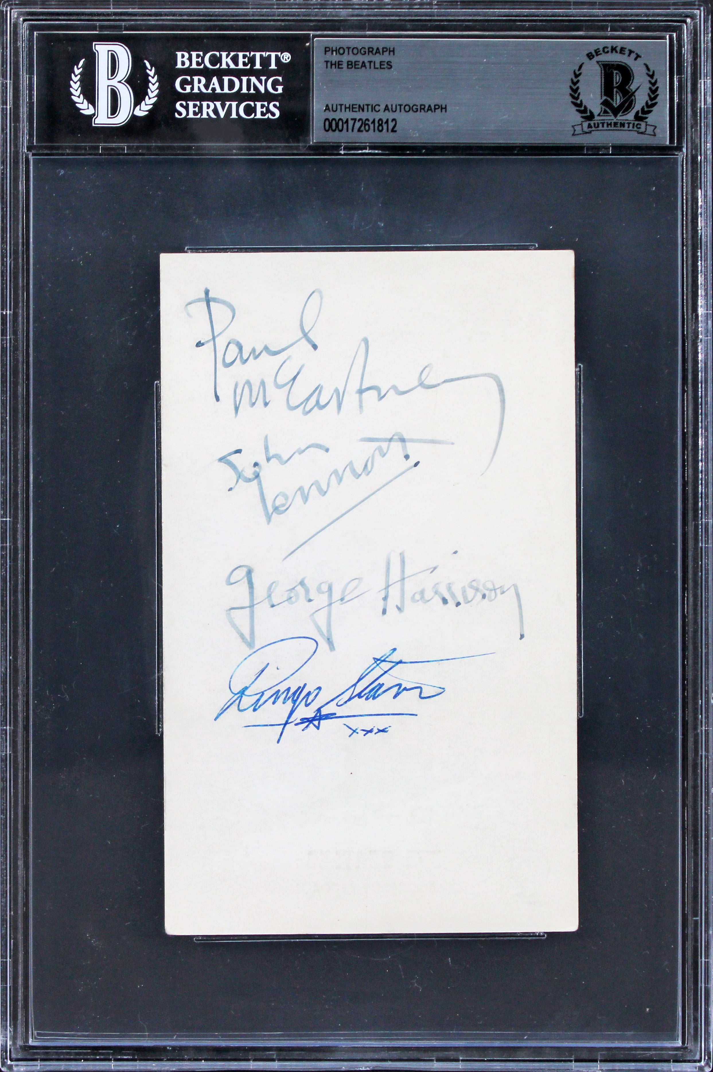 Beatles (4) Lennon, McCartney, Harrison & Starr Signed 3.5x5.75 Photo BAS Slab