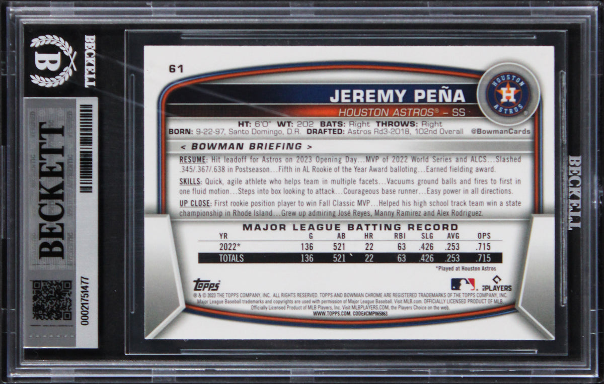 Astros Jeremy Pena Authentic Signed 2023 Bowman Chrome #61 Card BAS Slabbed