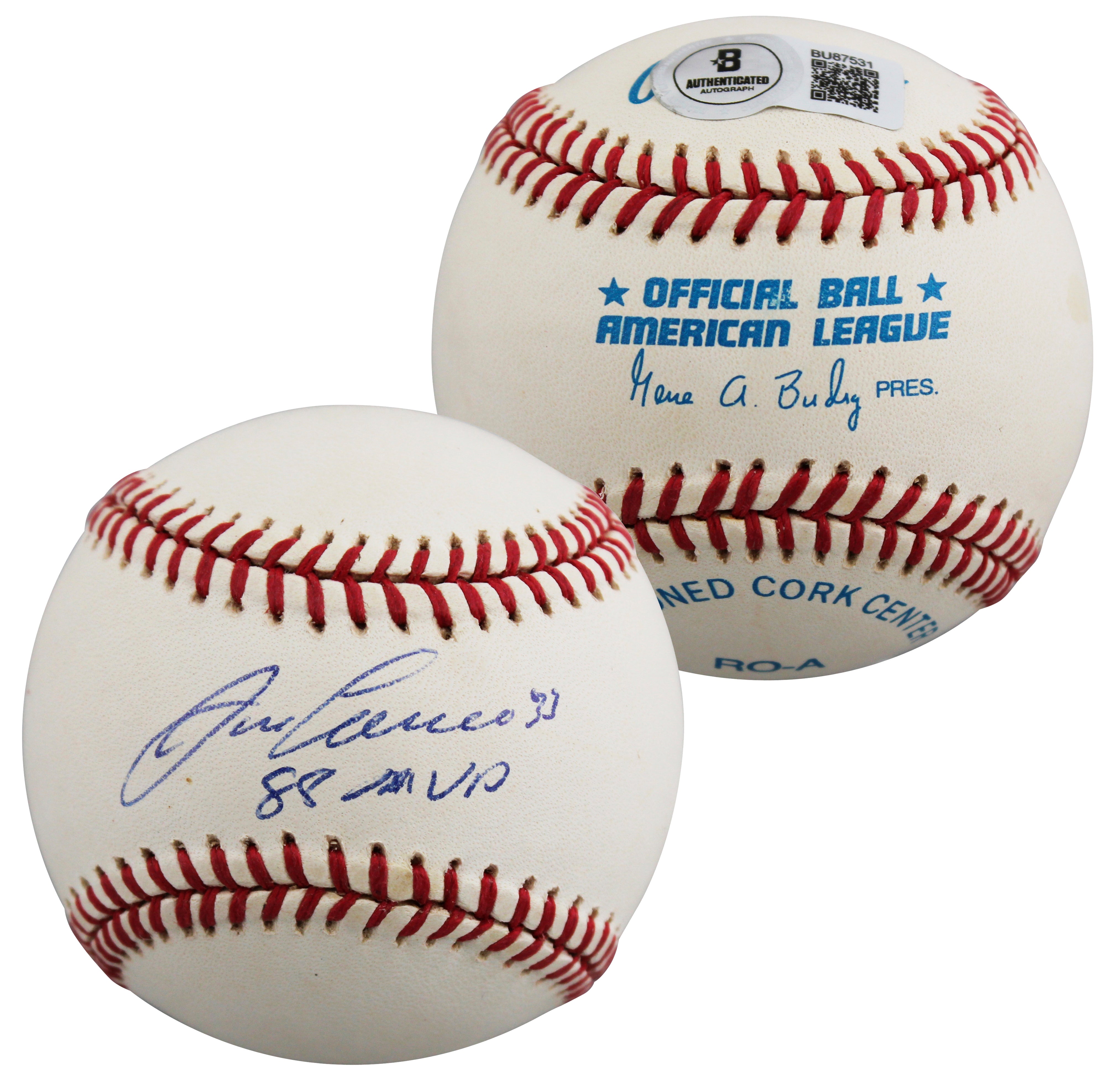 Athletics Jose Canseco "88 MVP" Signed Gene Budig OAL Baseball BAS #BU87531